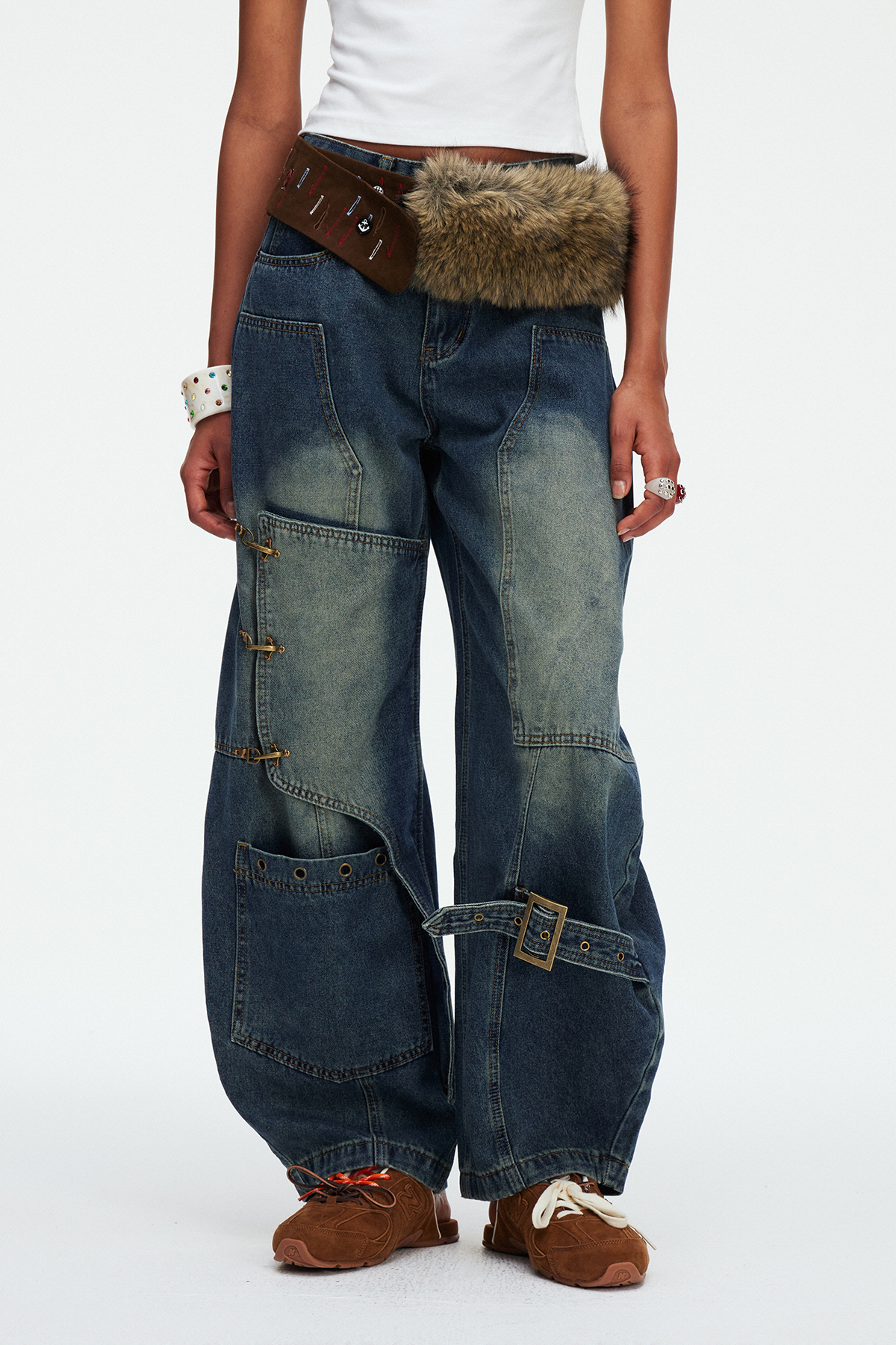 Madi Buckle Bleached Baggy Jeans