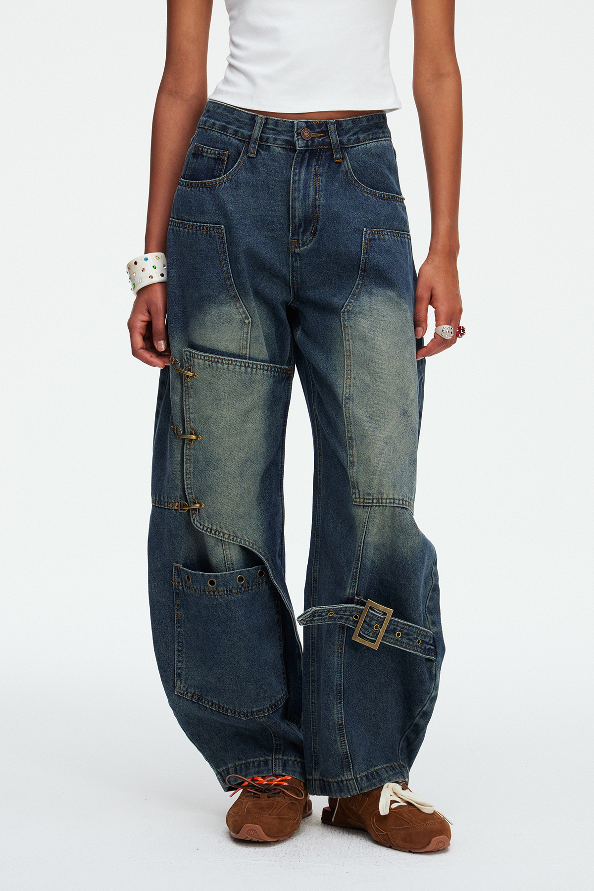 Madi Buckle Bleached Baggy Jeans