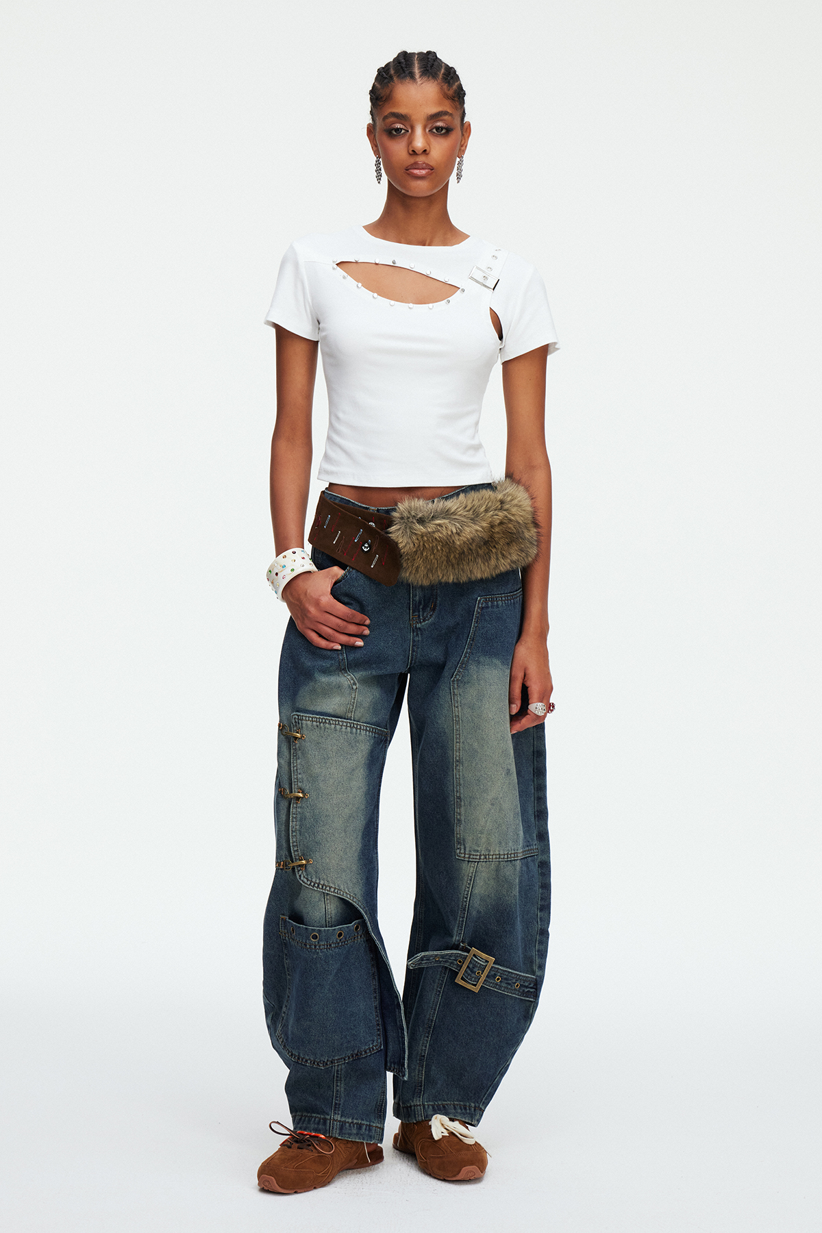 Madi Buckle Bleached Baggy Jeans