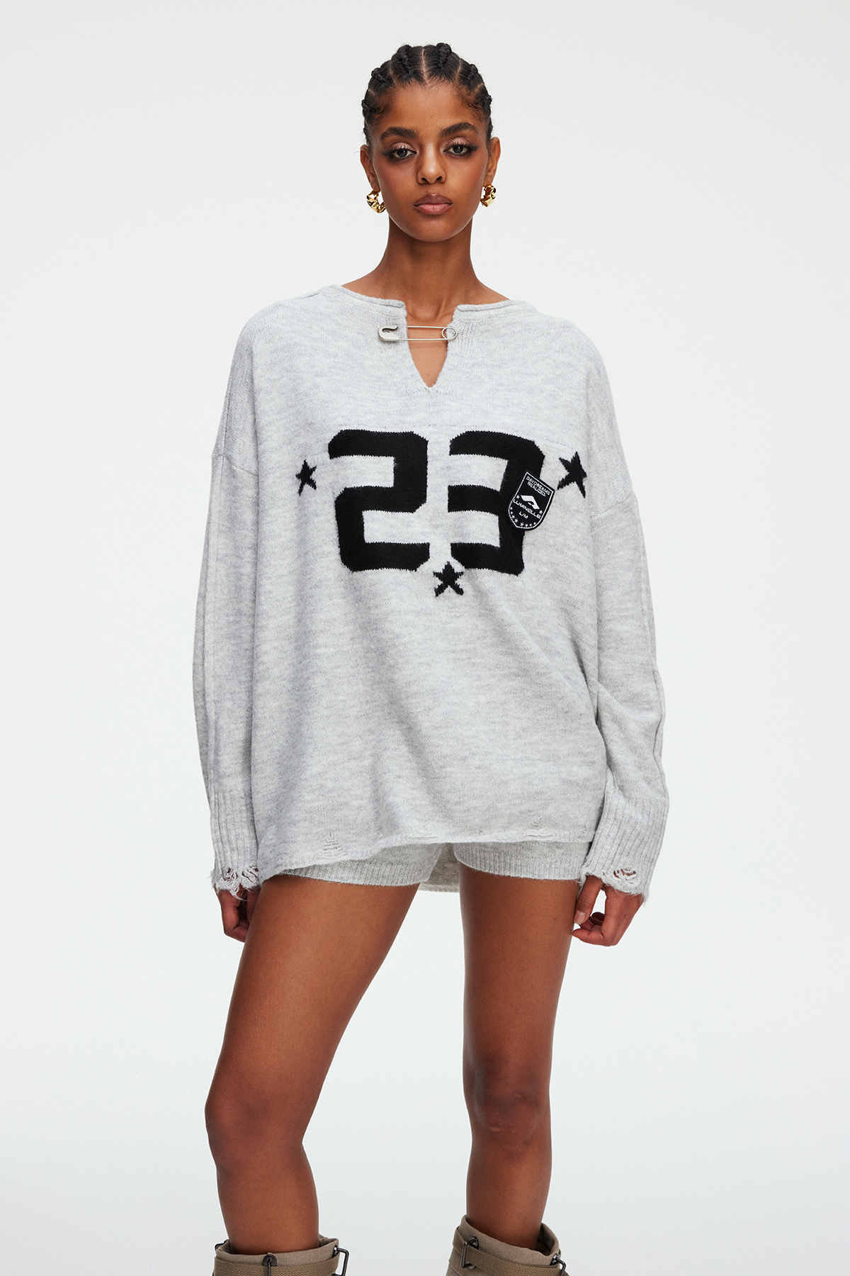 Madiyar Ripped Knit Shorts Set In Grey