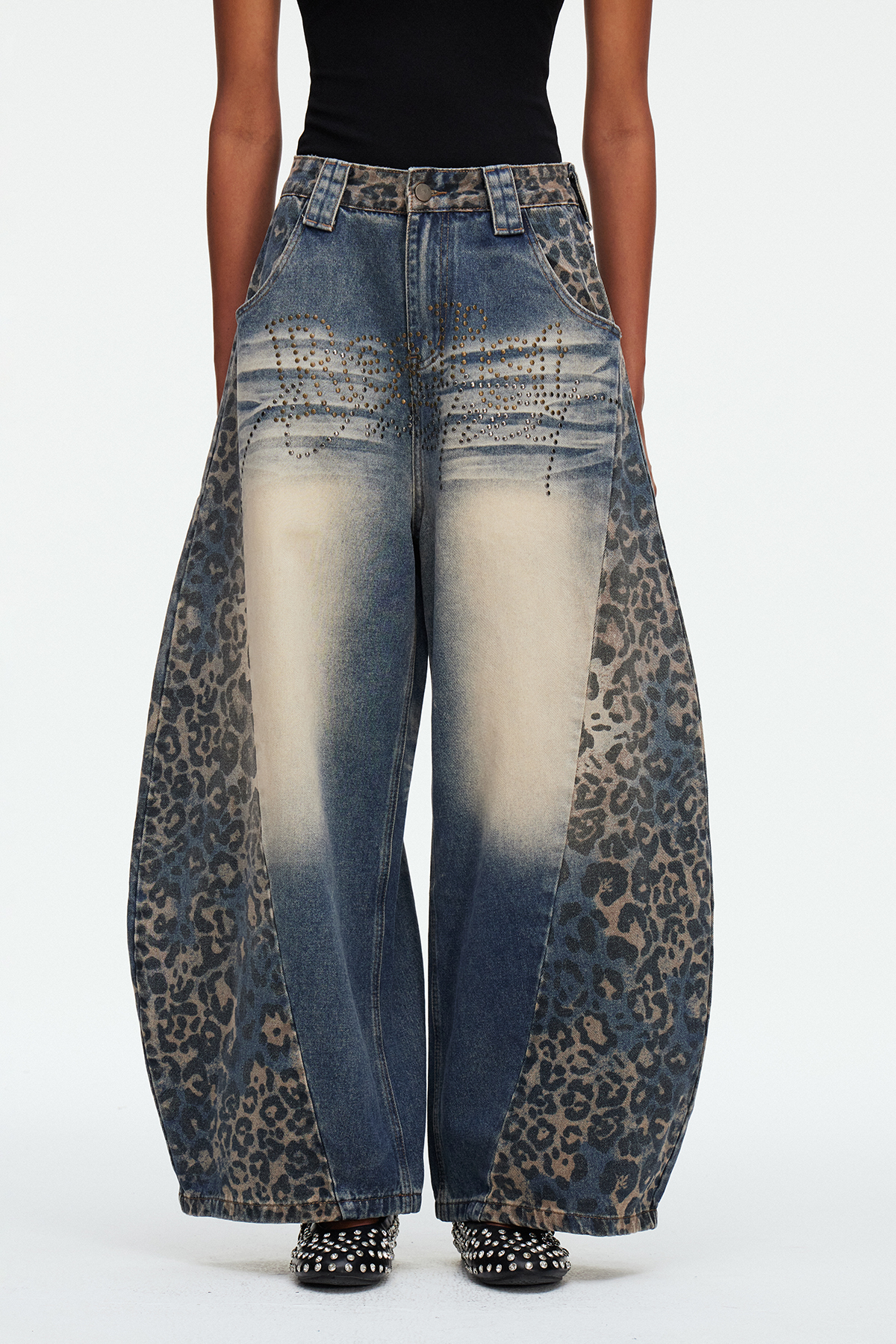 Madonna Leopard Rhinestone Baggy Jeans