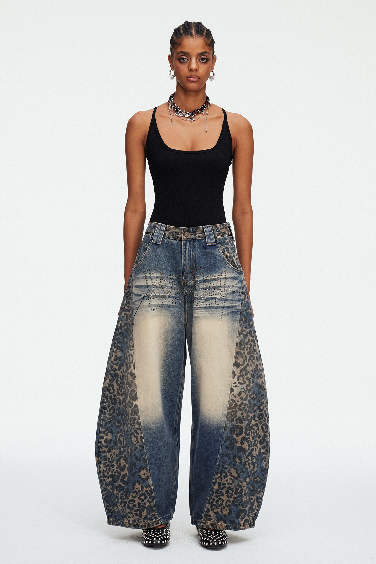 Madonna Leopard Rhinestone Baggy Jeans