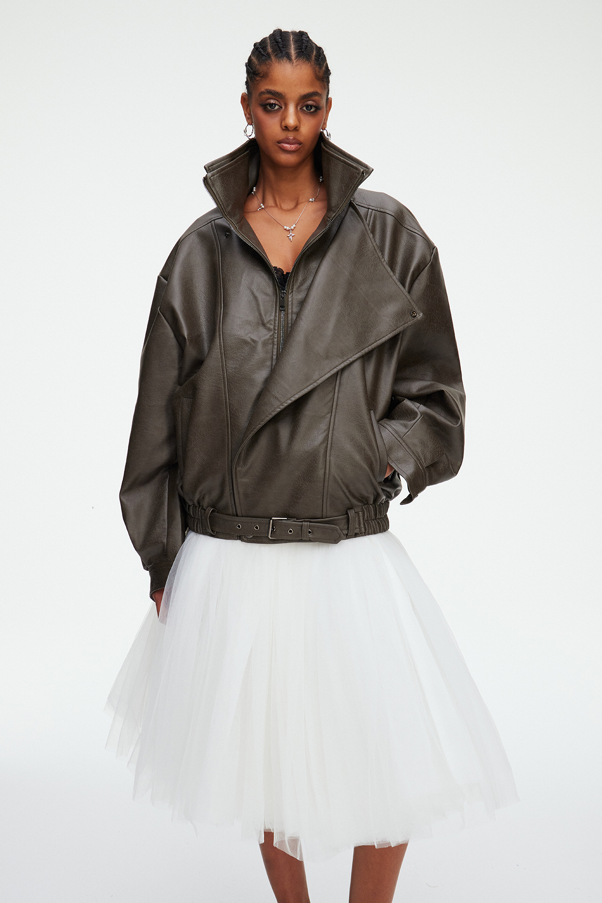 Maela Funnel Neck Leather Jacket