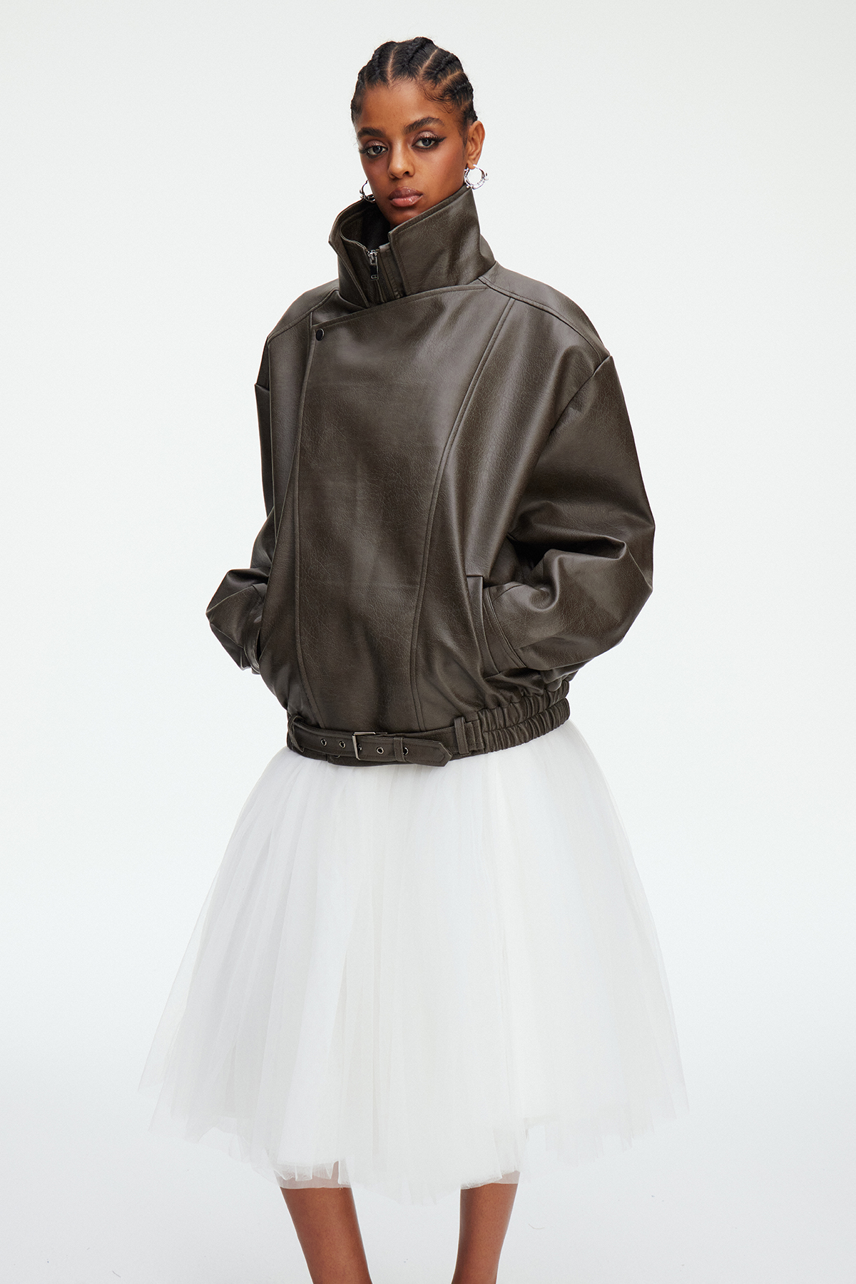 Maela Funnel Neck Leather Jacket