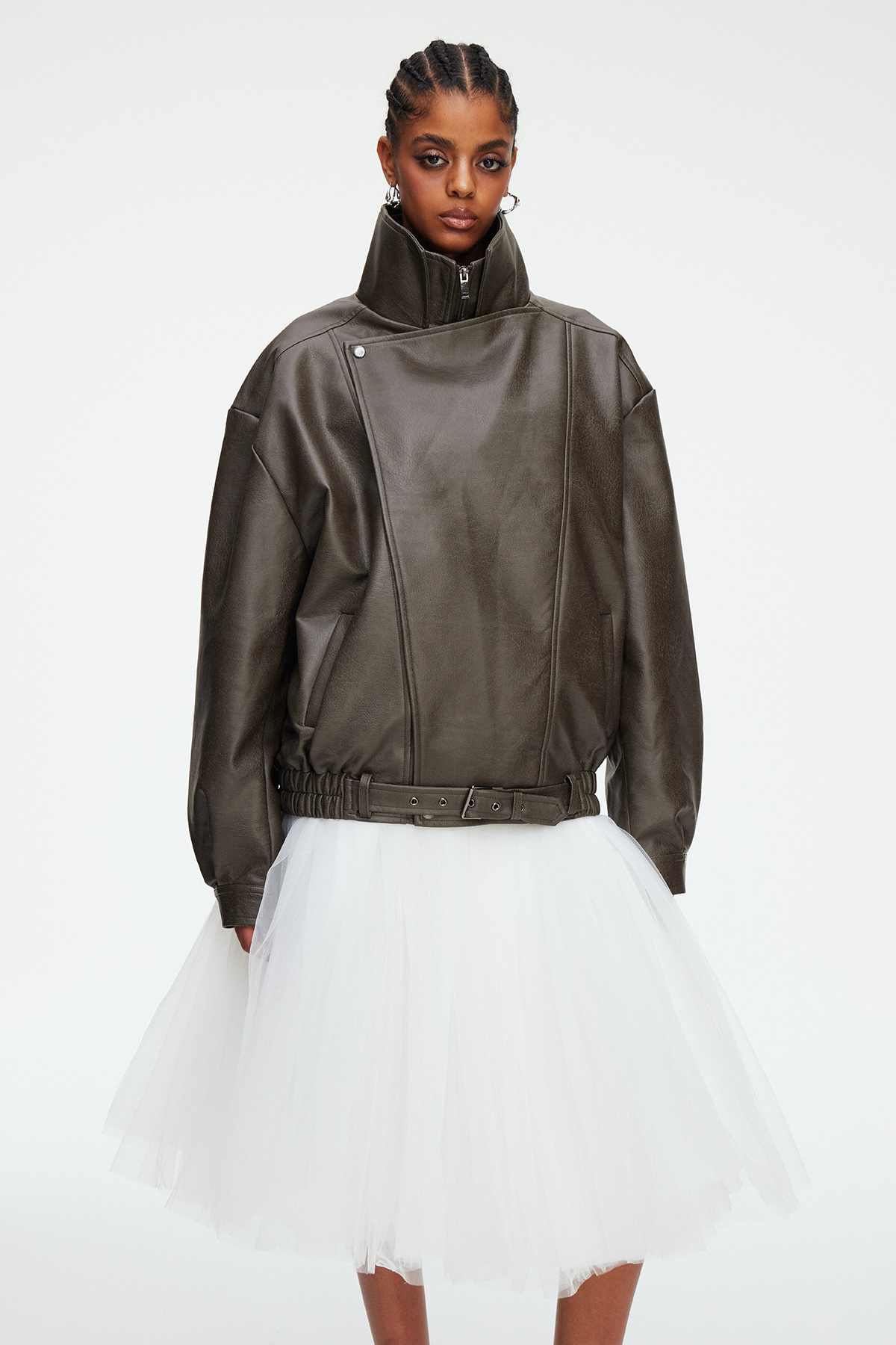 Maela Funnel Neck Leather Jacket