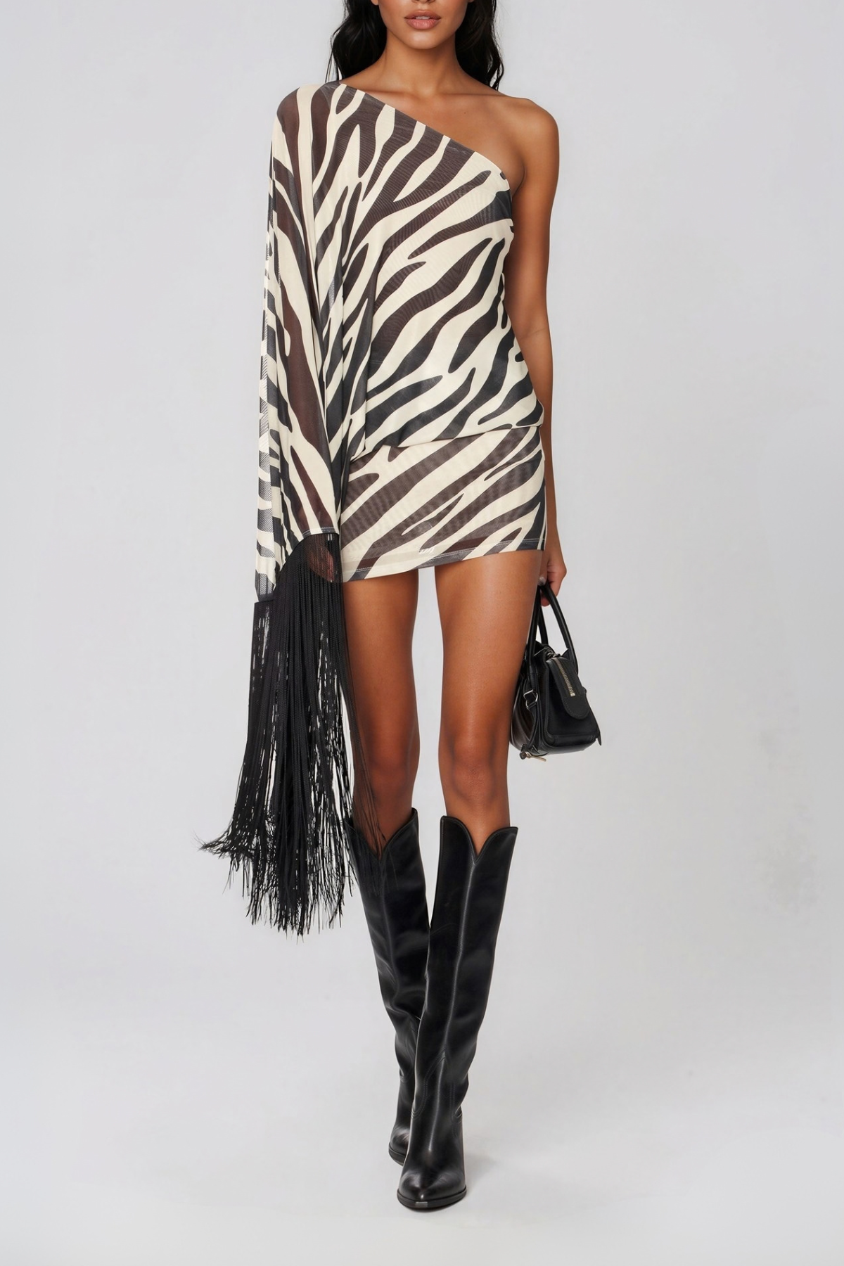Mahadeva One Shoulder Fringe Mini Dress