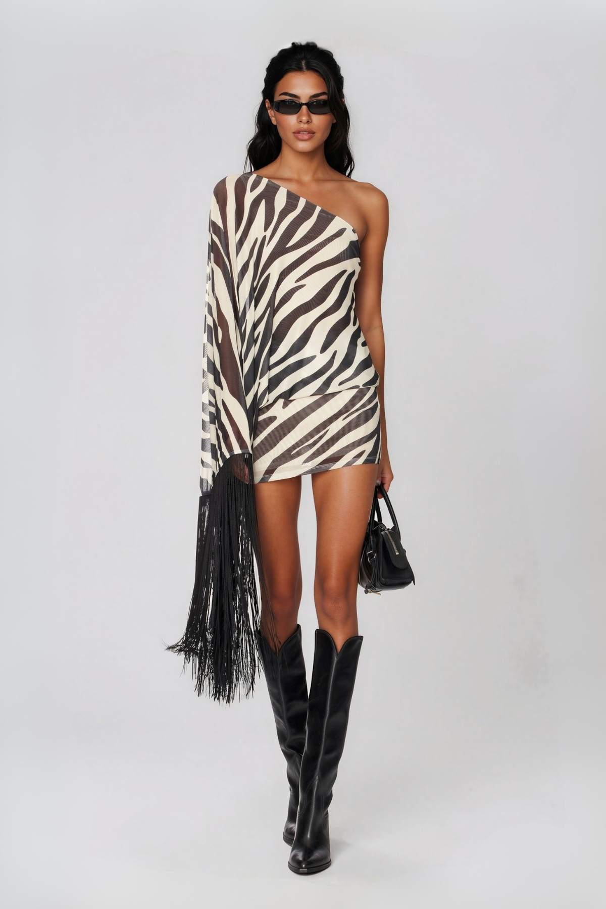 Mahadeva One Shoulder Fringe Mini Dress