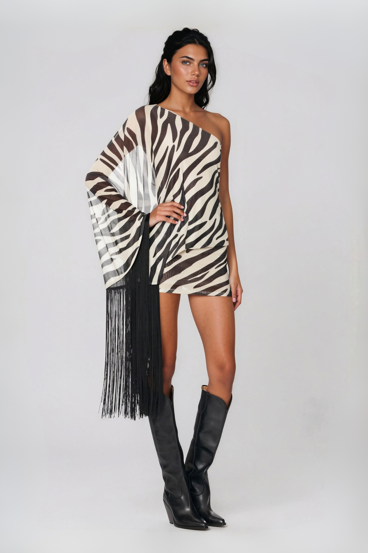 Mahadeva One Shoulder Fringe Mini Dress