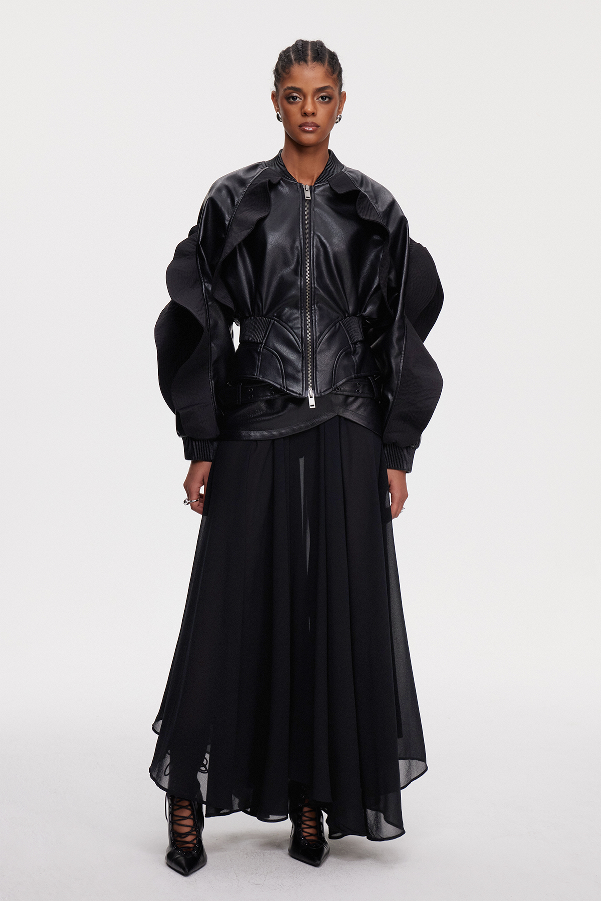 Mahalah Ruffle Leather Jacket In Black