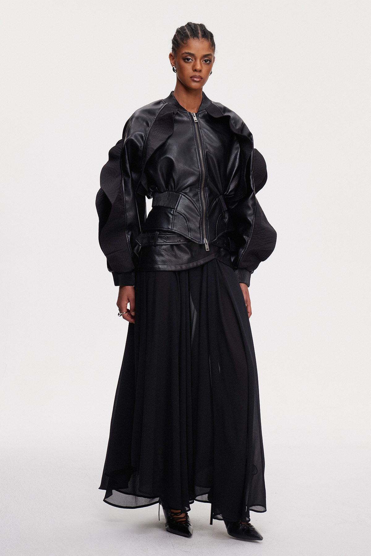 Mahalah Ruffle Leather Jacket In Black