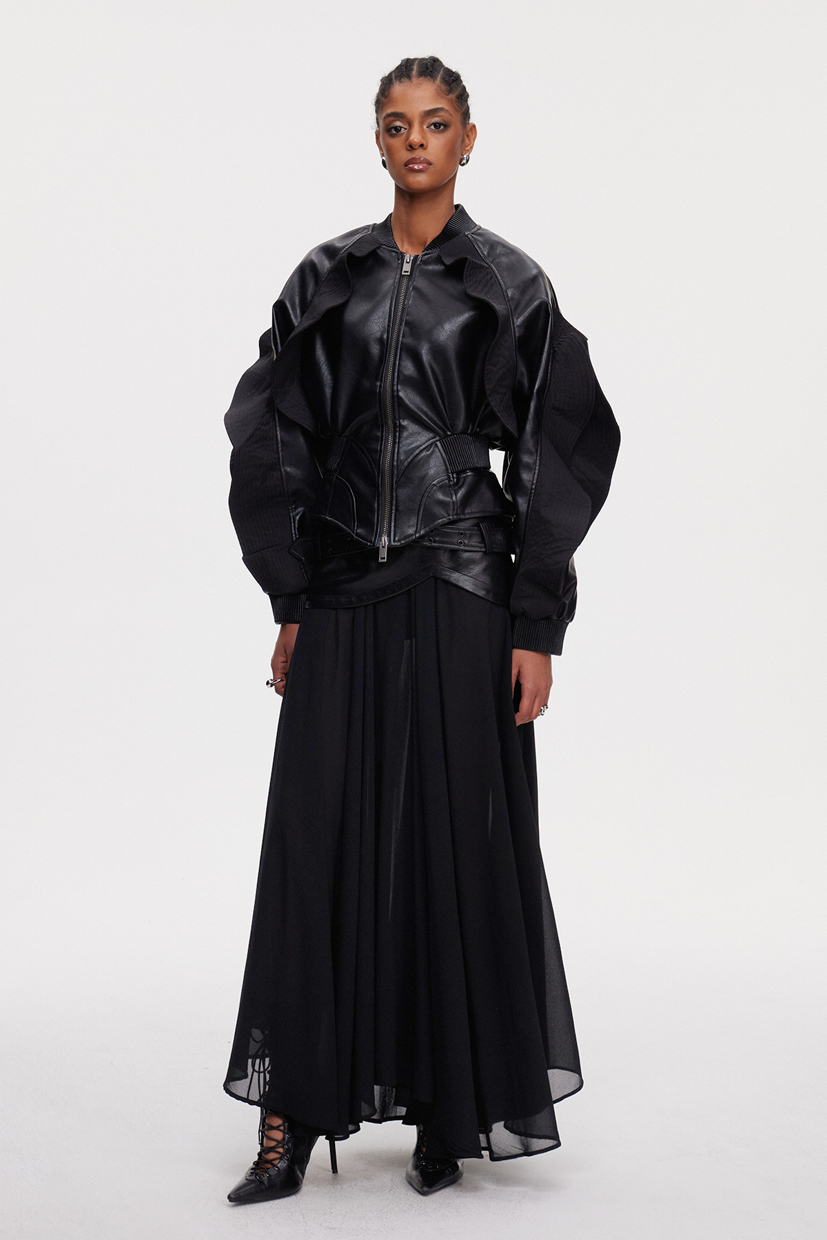 Mahalah Ruffle Leather Jacket In Black