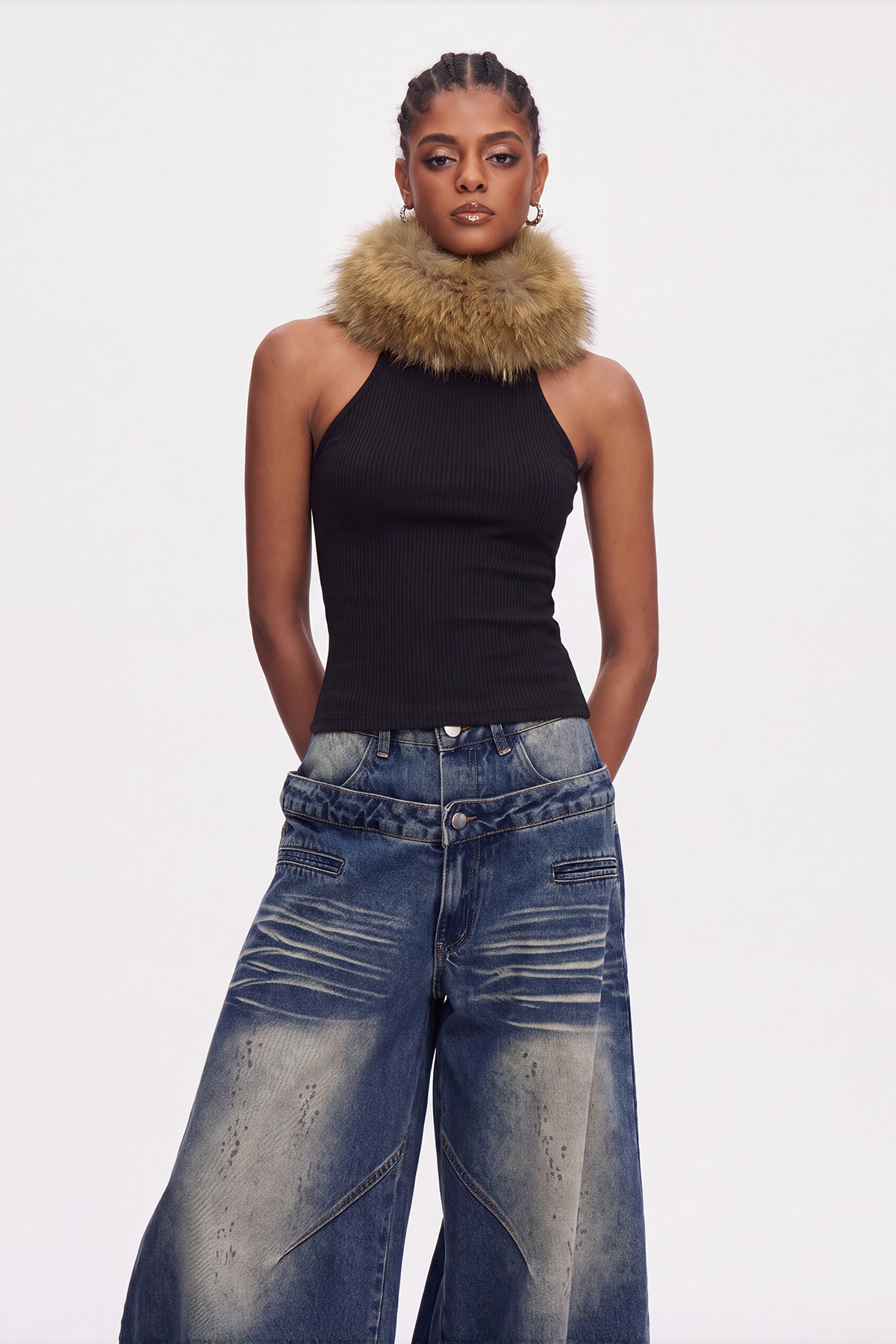 Mahir Sleeveless Faux Fur Top In Black