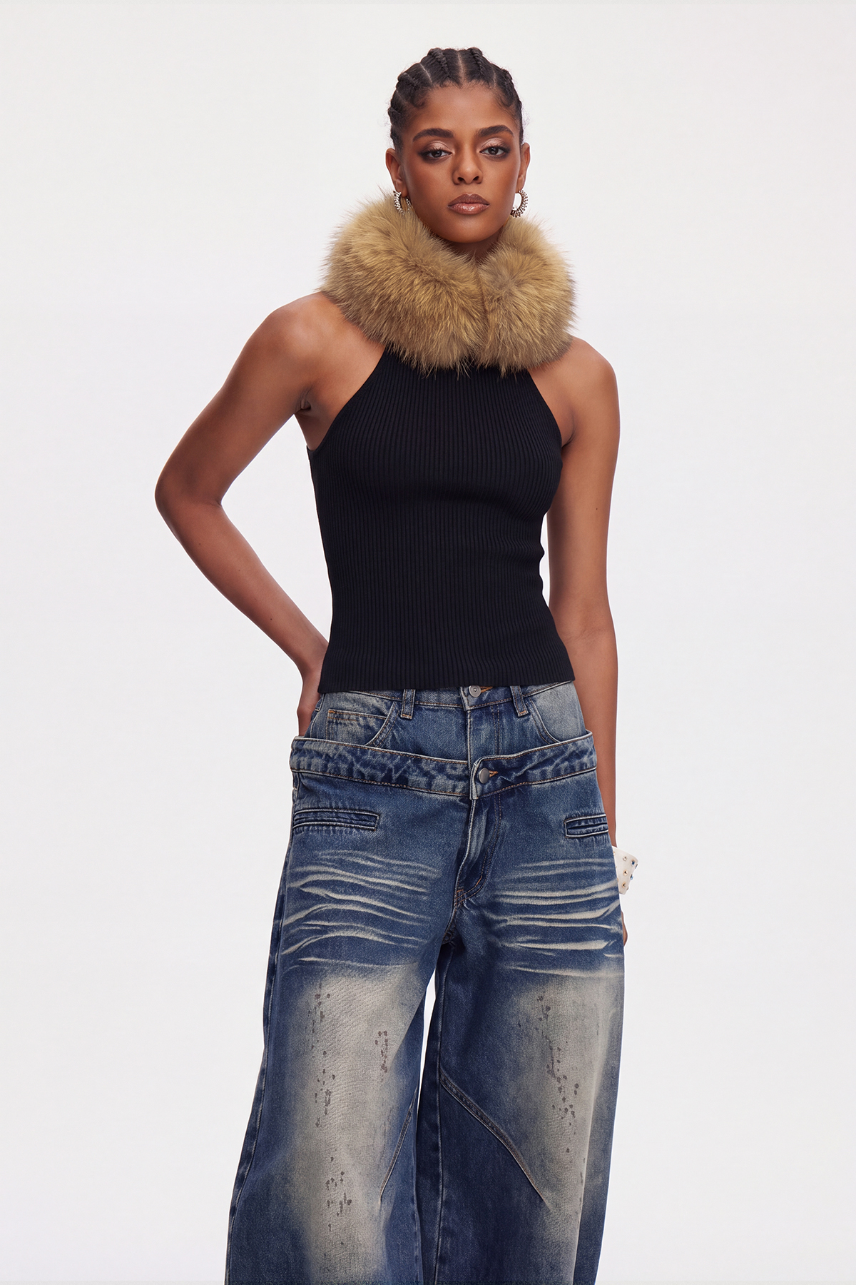 Mahir Sleeveless Faux Fur Top In Black