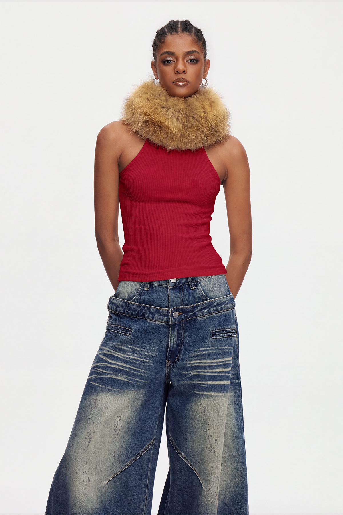 Mahir Sleeveless Faux Fur Top In Red
