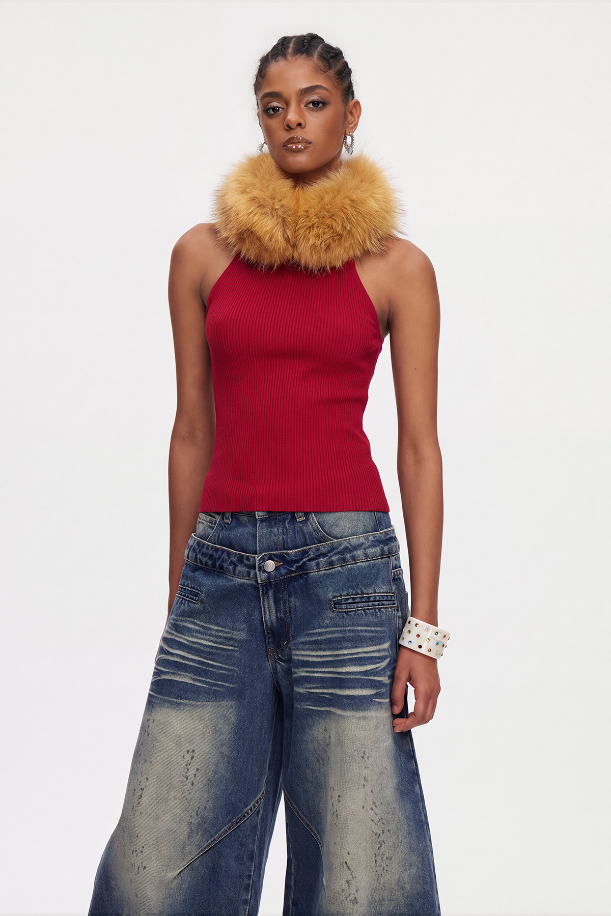 Mahir Sleeveless Faux Fur Top In Red