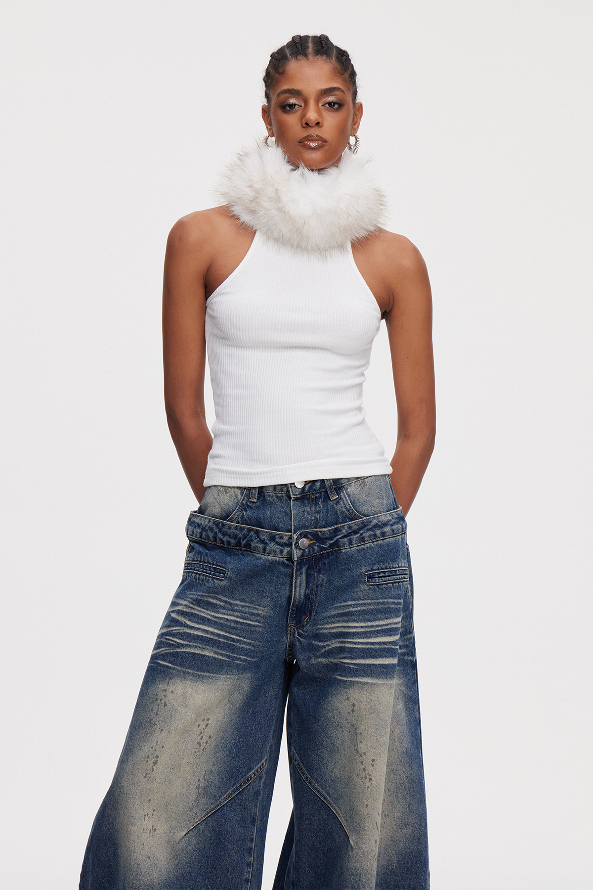 Mahir Sleeveless Faux Fur Top In White