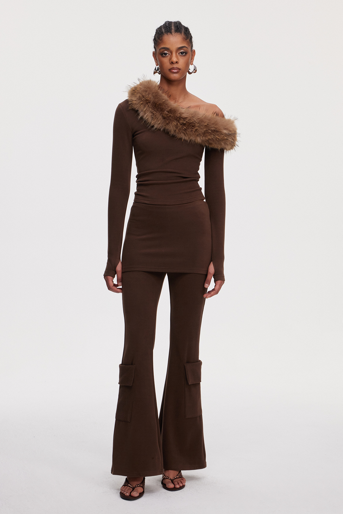 Maiga One Shoulder Faux Fur Pants Set