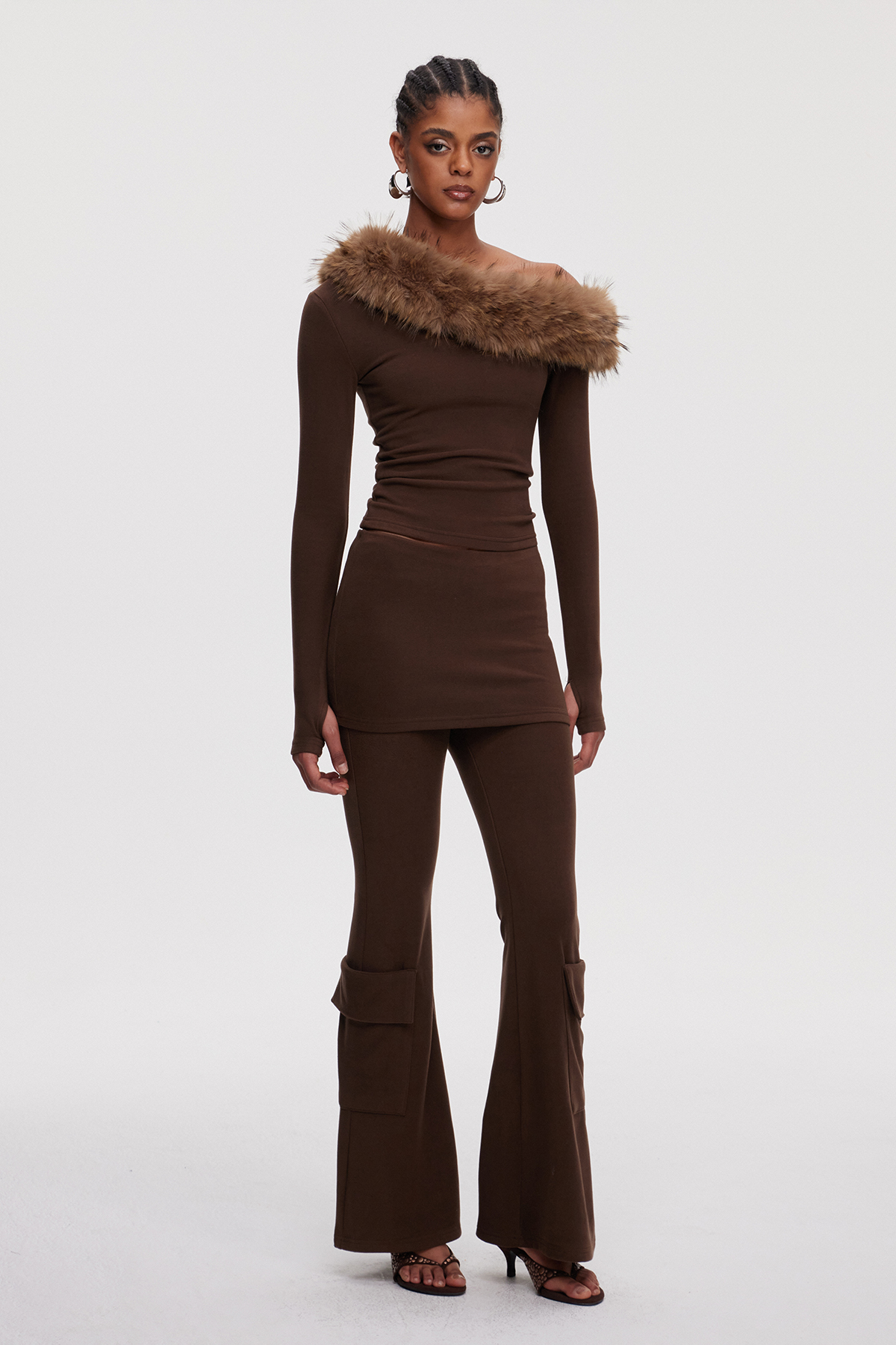 Maiga One Shoulder Faux Fur Pants Set