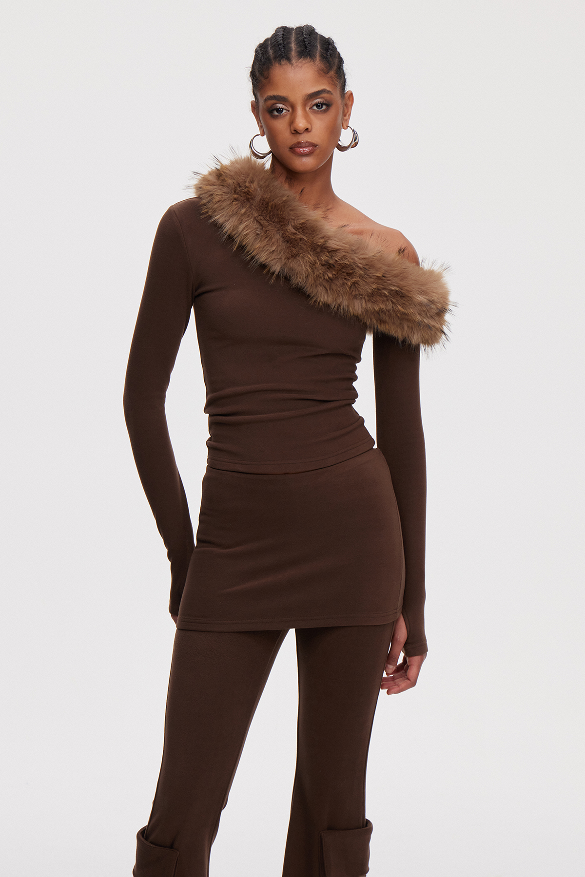 Maiga One Shoulder Faux Fur Pants Set