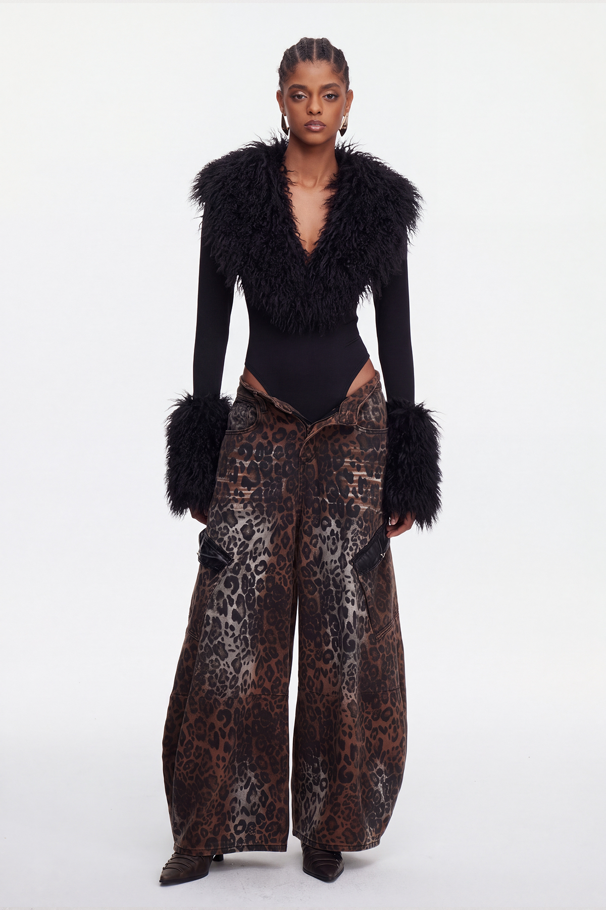 Maiken Faux Fur Bodysuit In Black