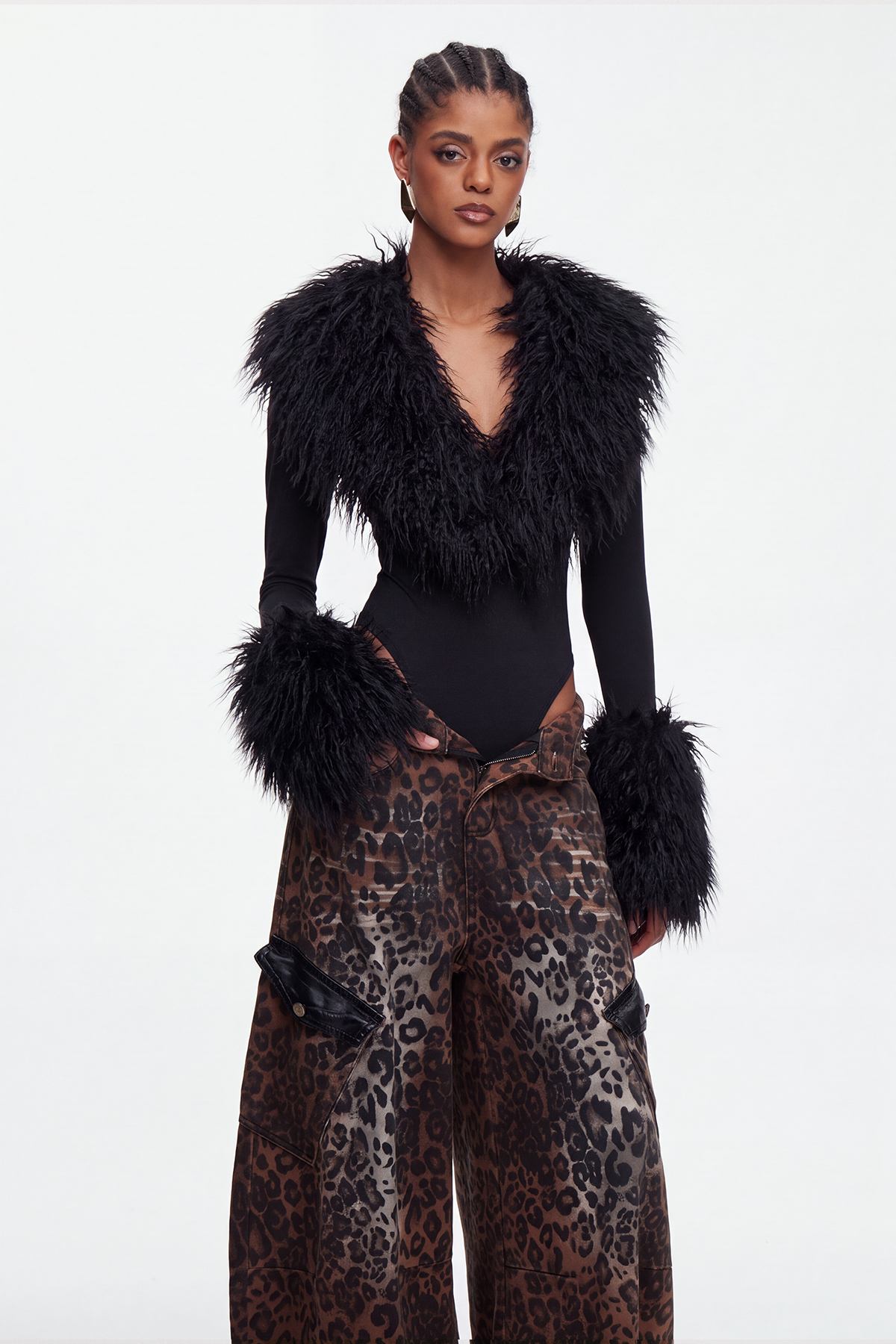 Maiken Faux Fur Bodysuit In Black