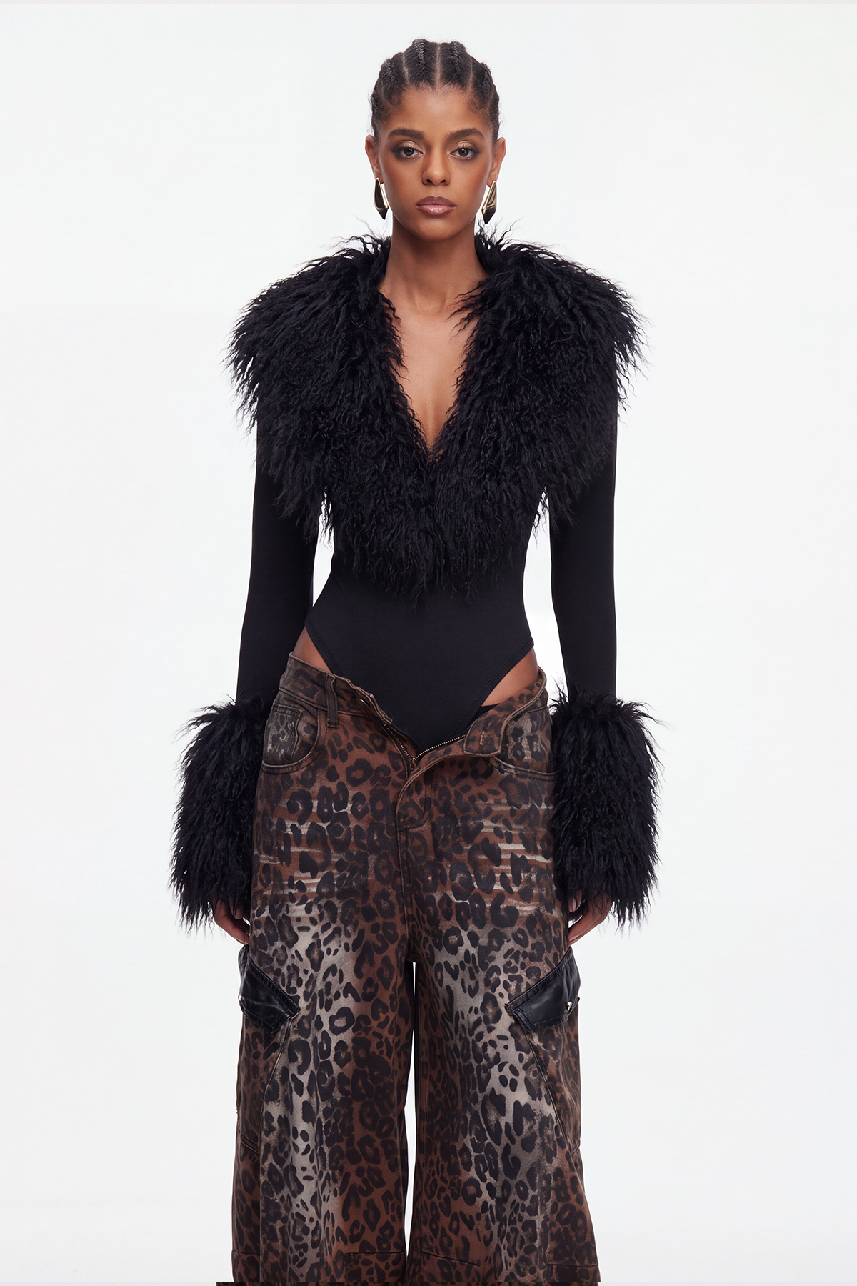 Maiken Faux Fur Bodysuit In Black