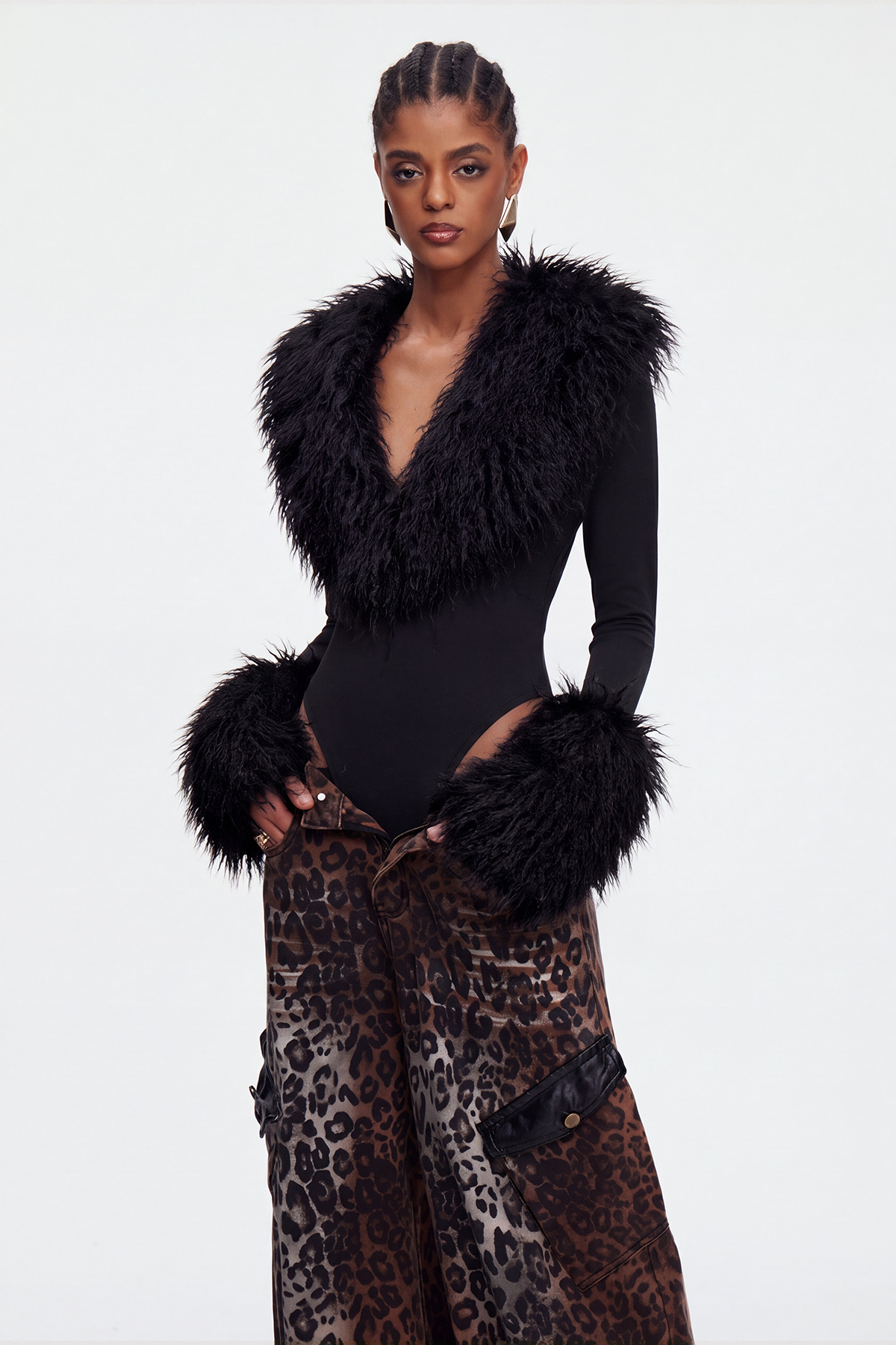 Maiken Faux Fur Bodysuit In Black