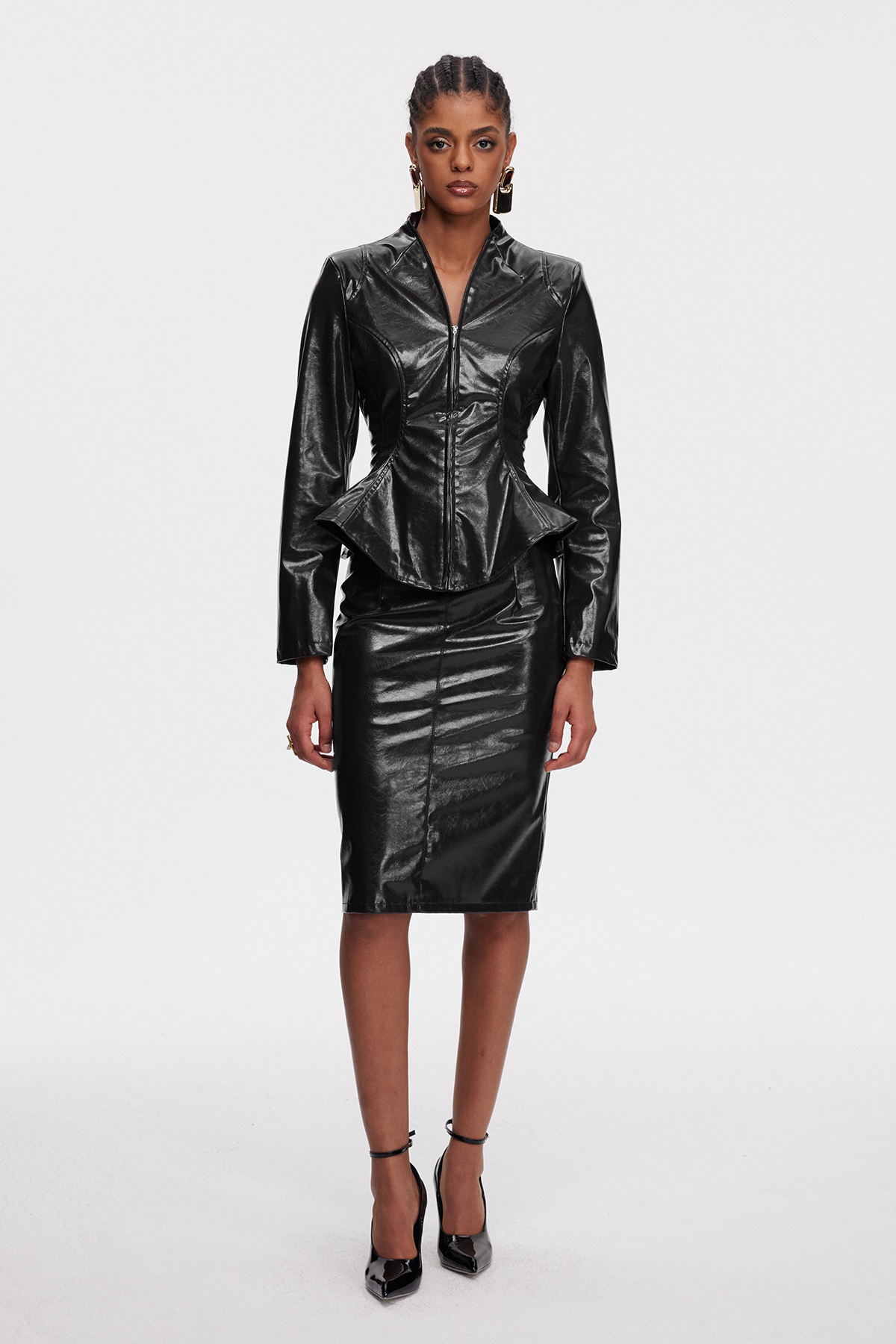 Maina Ruffle Leather Skirt Set In Black