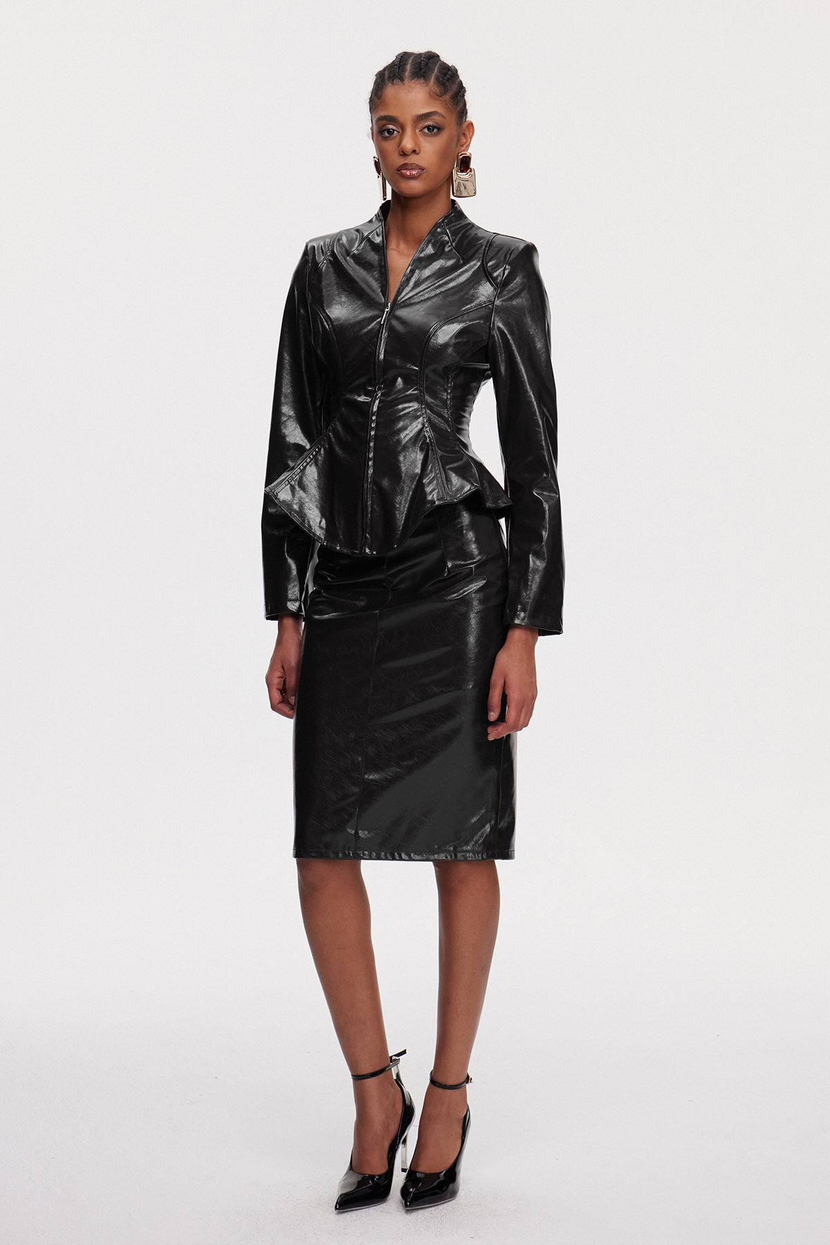 Maina Ruffle Leather Skirt Set In Black