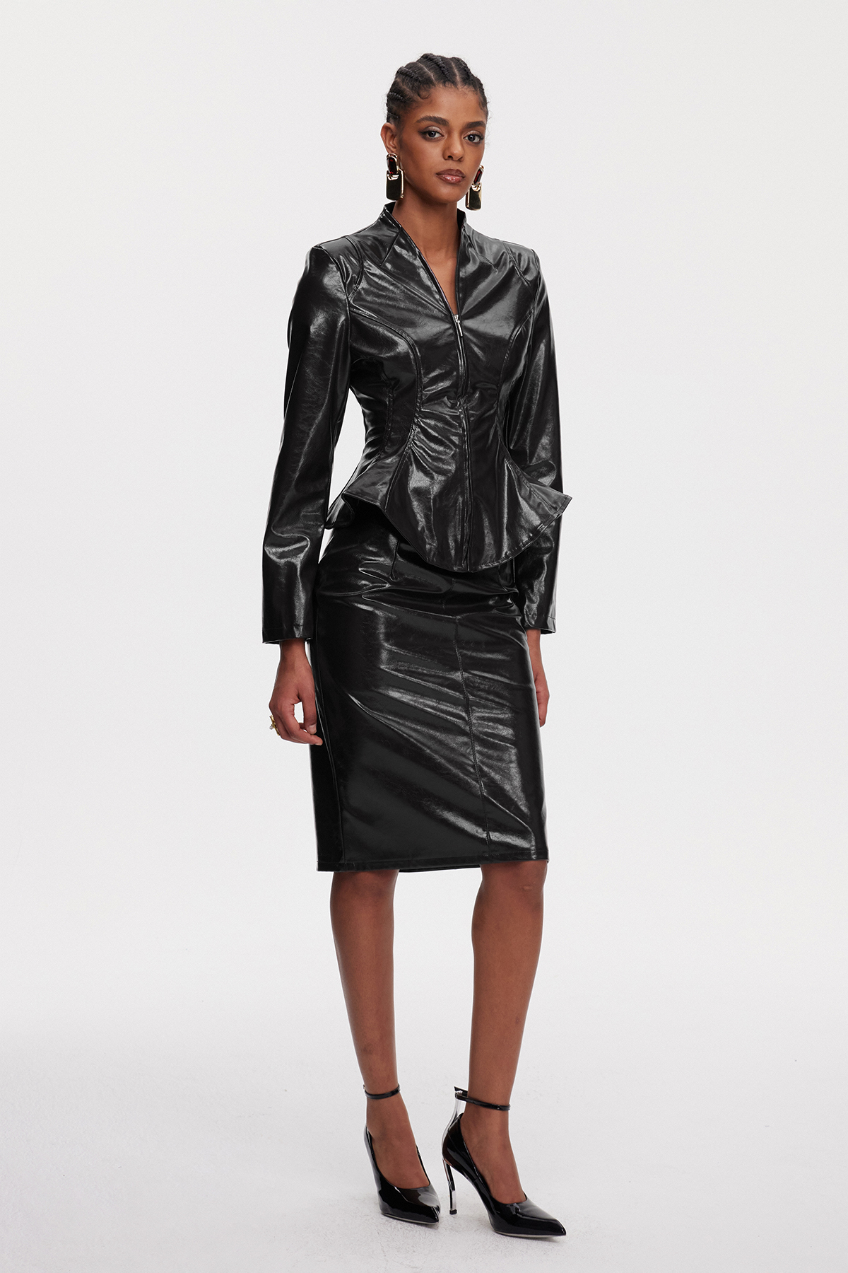 Maina Ruffle Leather Skirt Set In Black