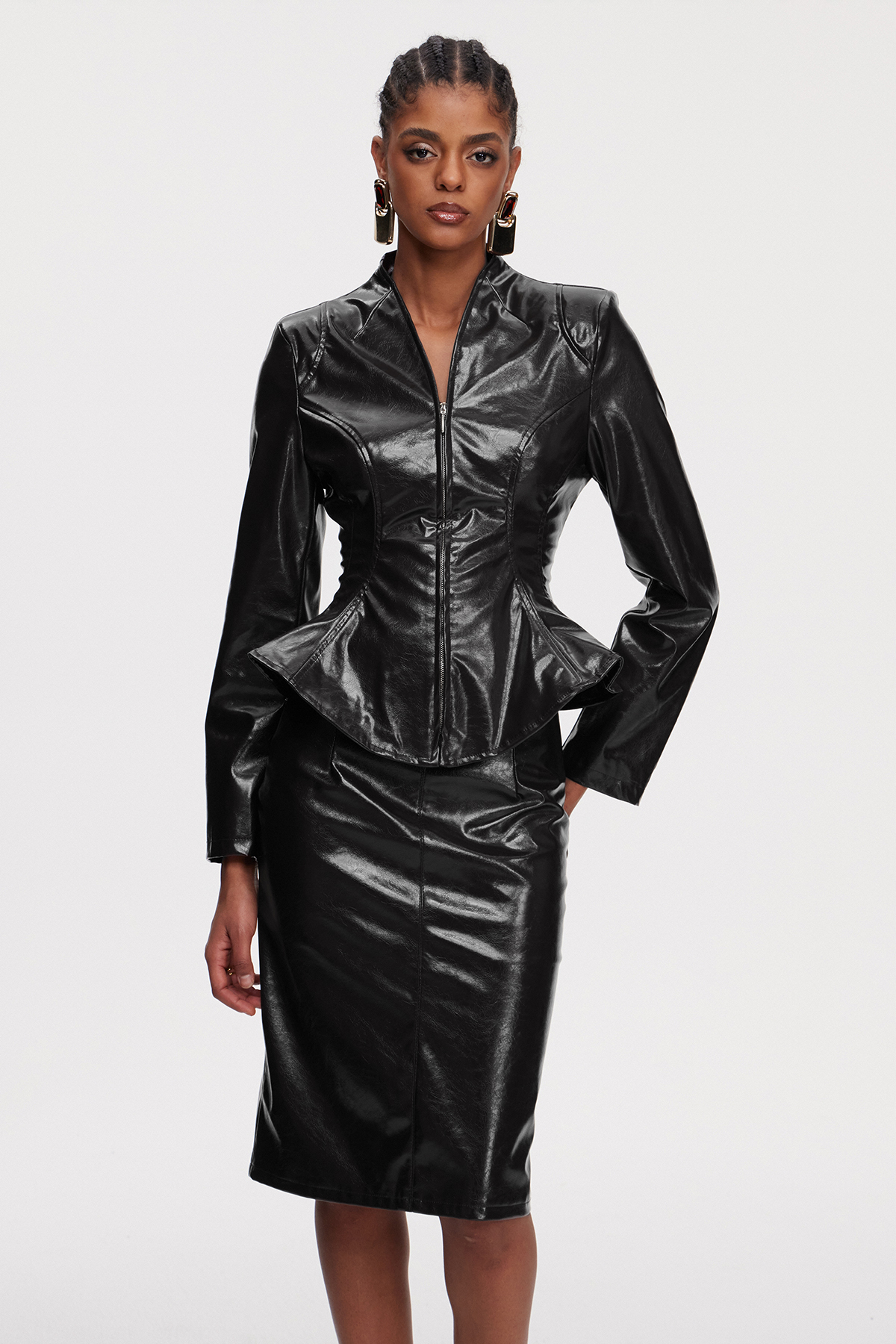 Maina Ruffle Leather Skirt Set In Black
