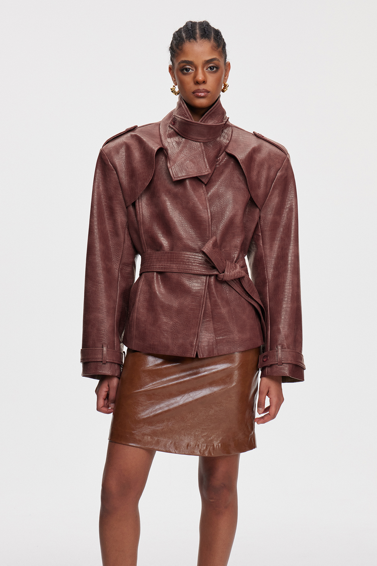Mainio Leather Trench Coat In Red