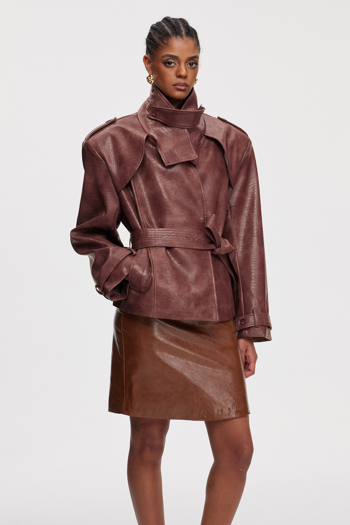 Mainio Leather Trench Coat In Red
