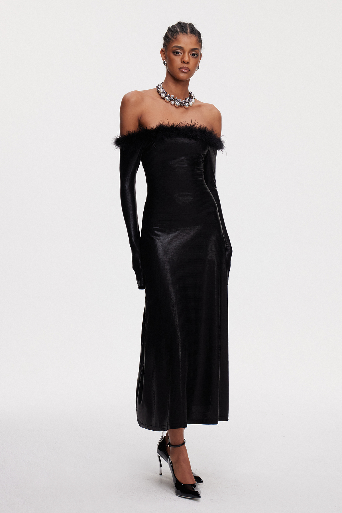 Maisey Off Shoulder Feather Maxi Dress