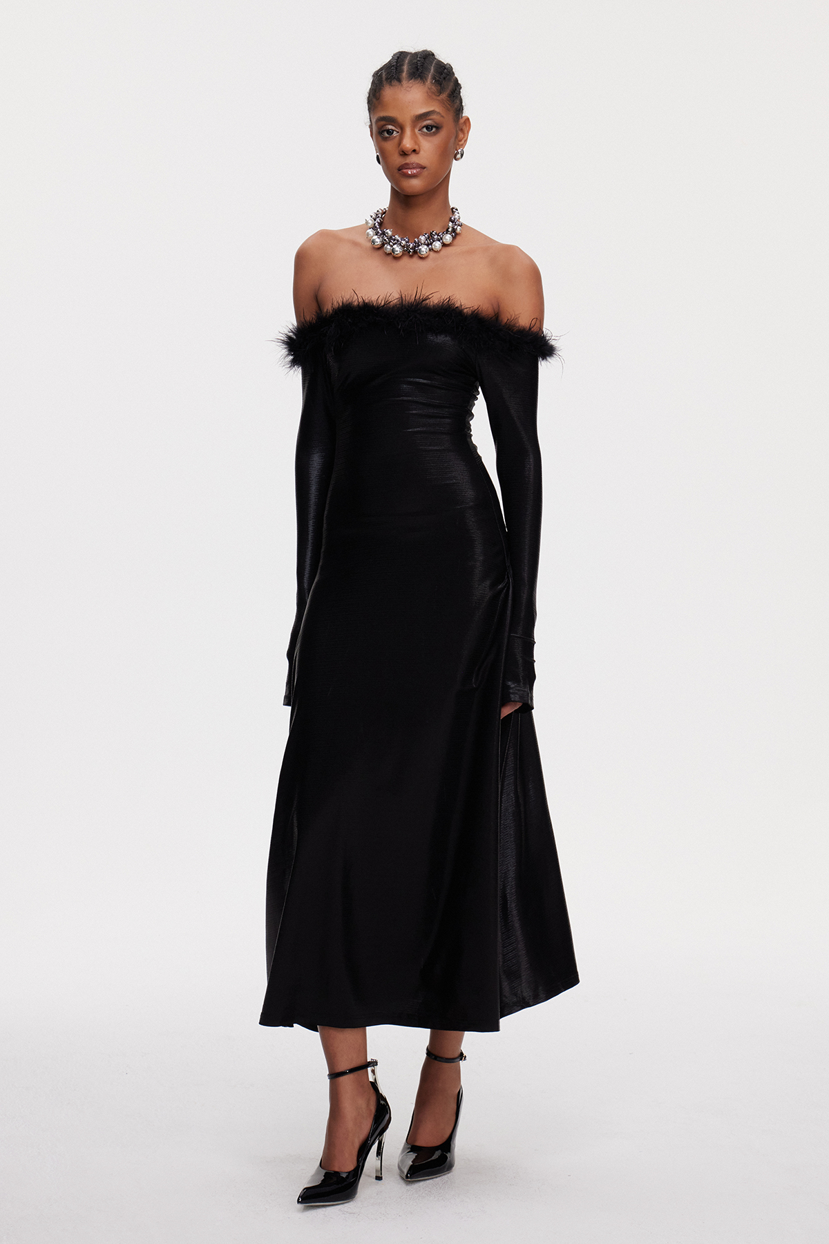 Maisey Off Shoulder Feather Maxi Dress