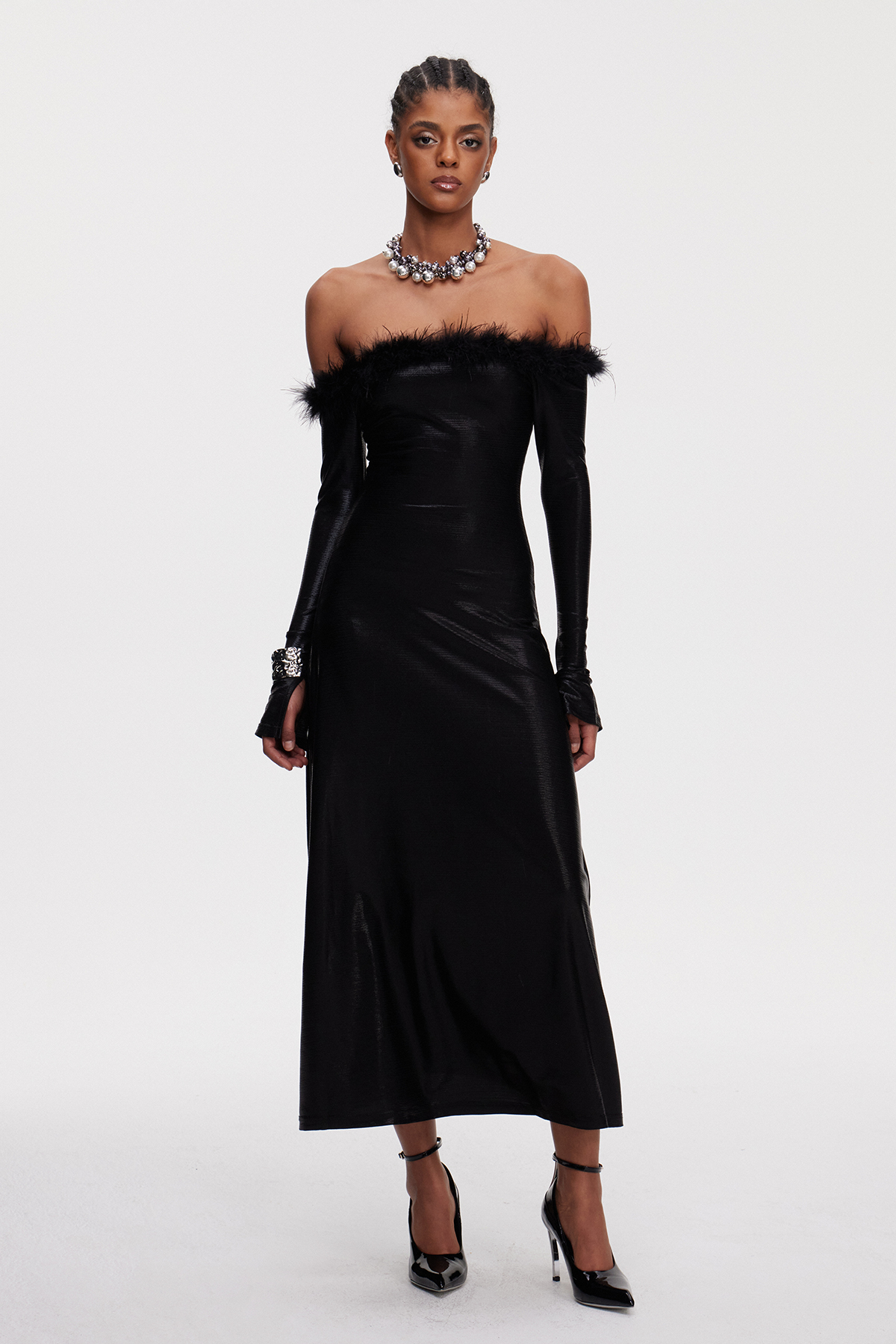 Maisey Off Shoulder Feather Maxi Dress