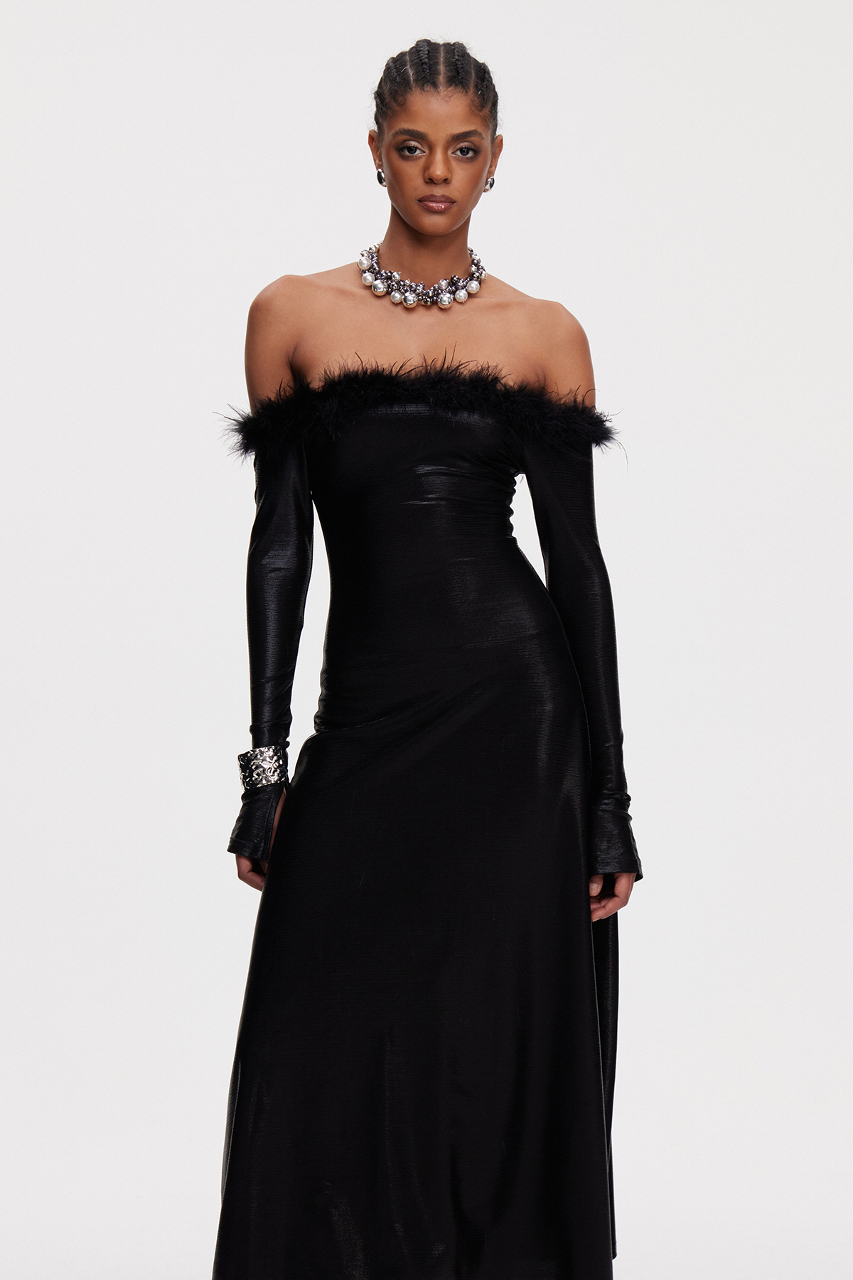 Maisey Off Shoulder Feather Maxi Dress