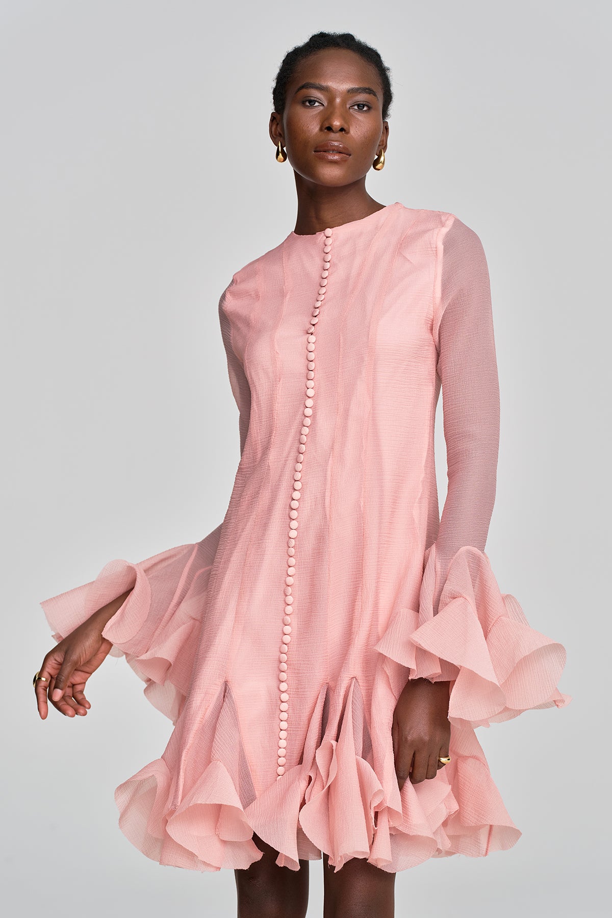McCarthy Mesh Ruffle Midi Dress In Pink