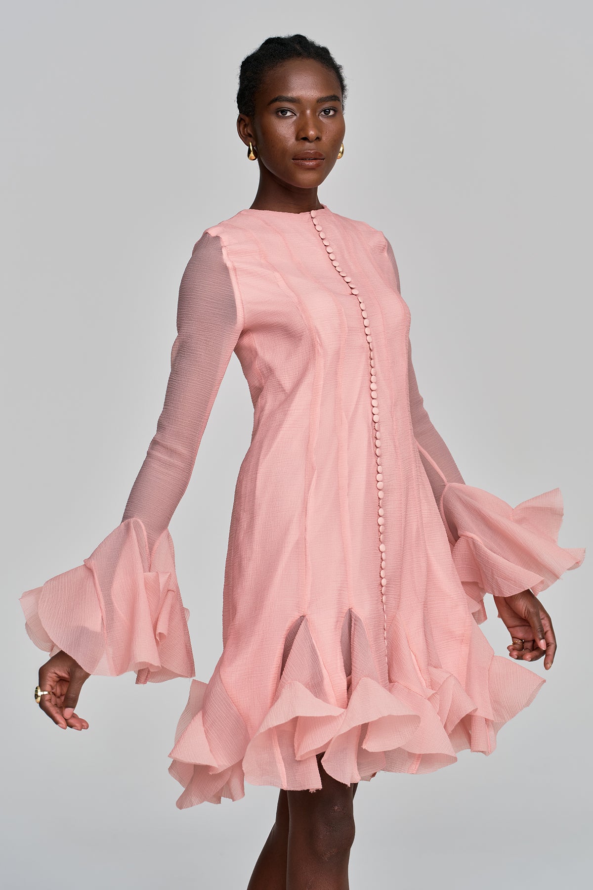 McCarthy Mesh Ruffle Midi Dress In Pink