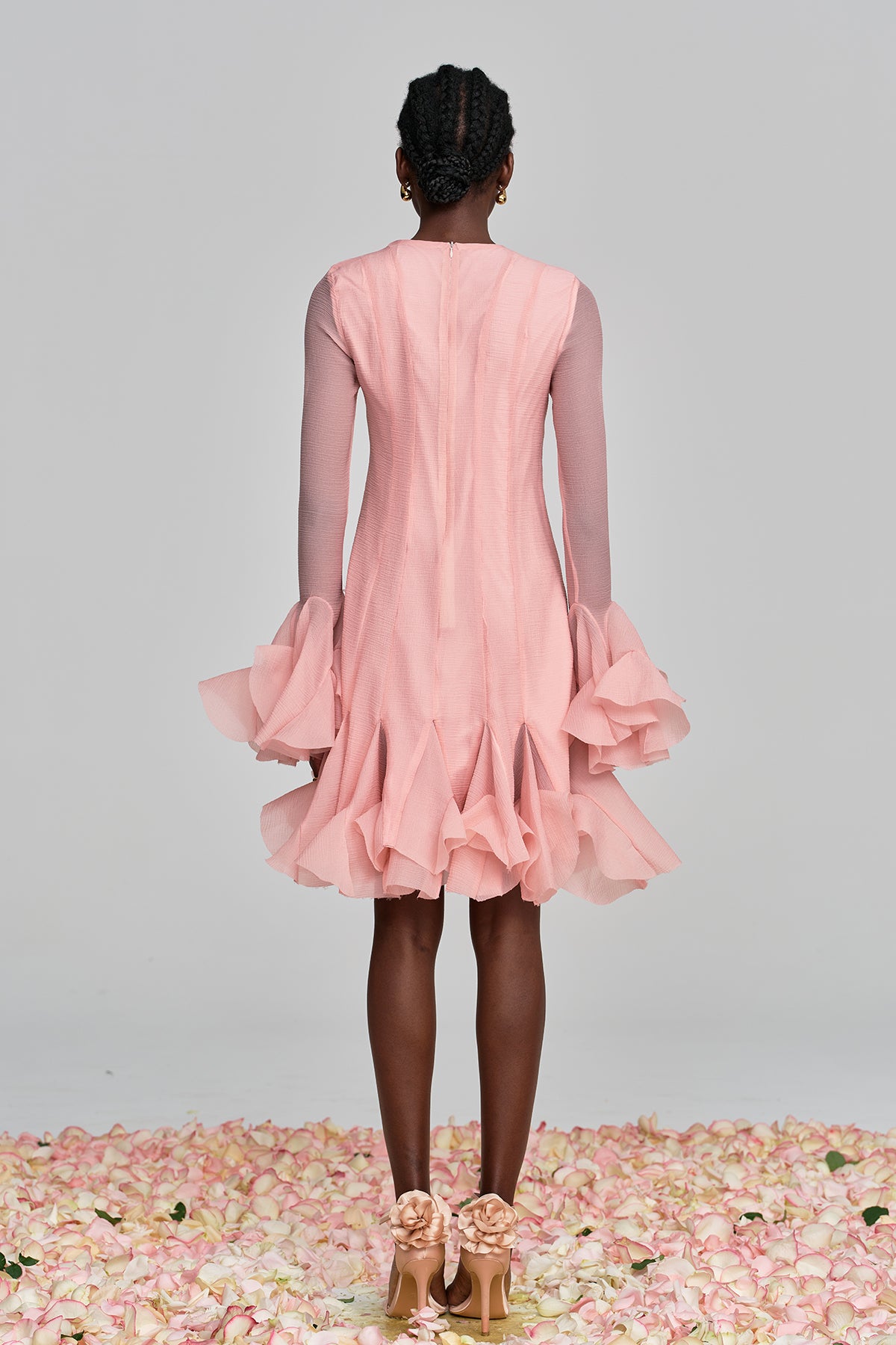 McCarthy Mesh Ruffle Midi Dress In Pink