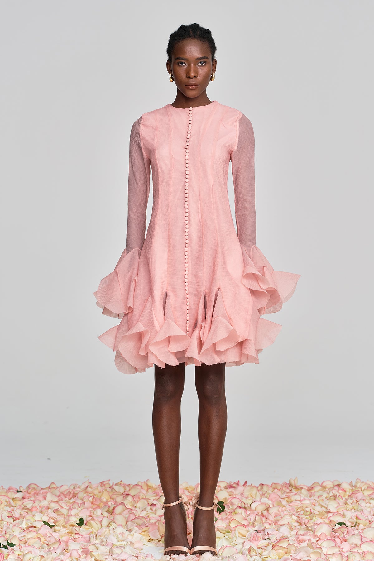 McCarthy Mesh Ruffle Midi Dress In Pink