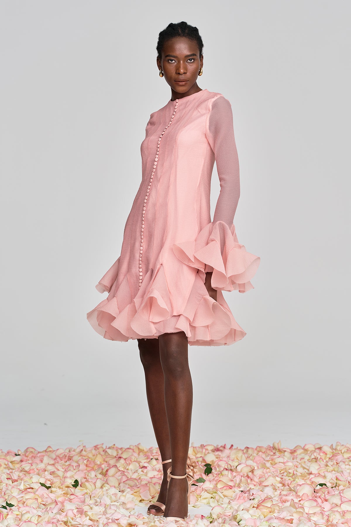 McCarthy Mesh Ruffle Midi Dress In Pink