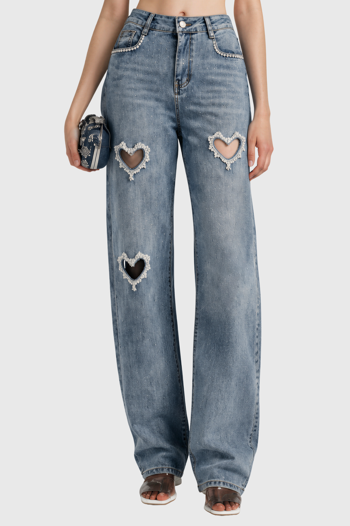 Naarah Rhinestone Heart Cutout Jeans
