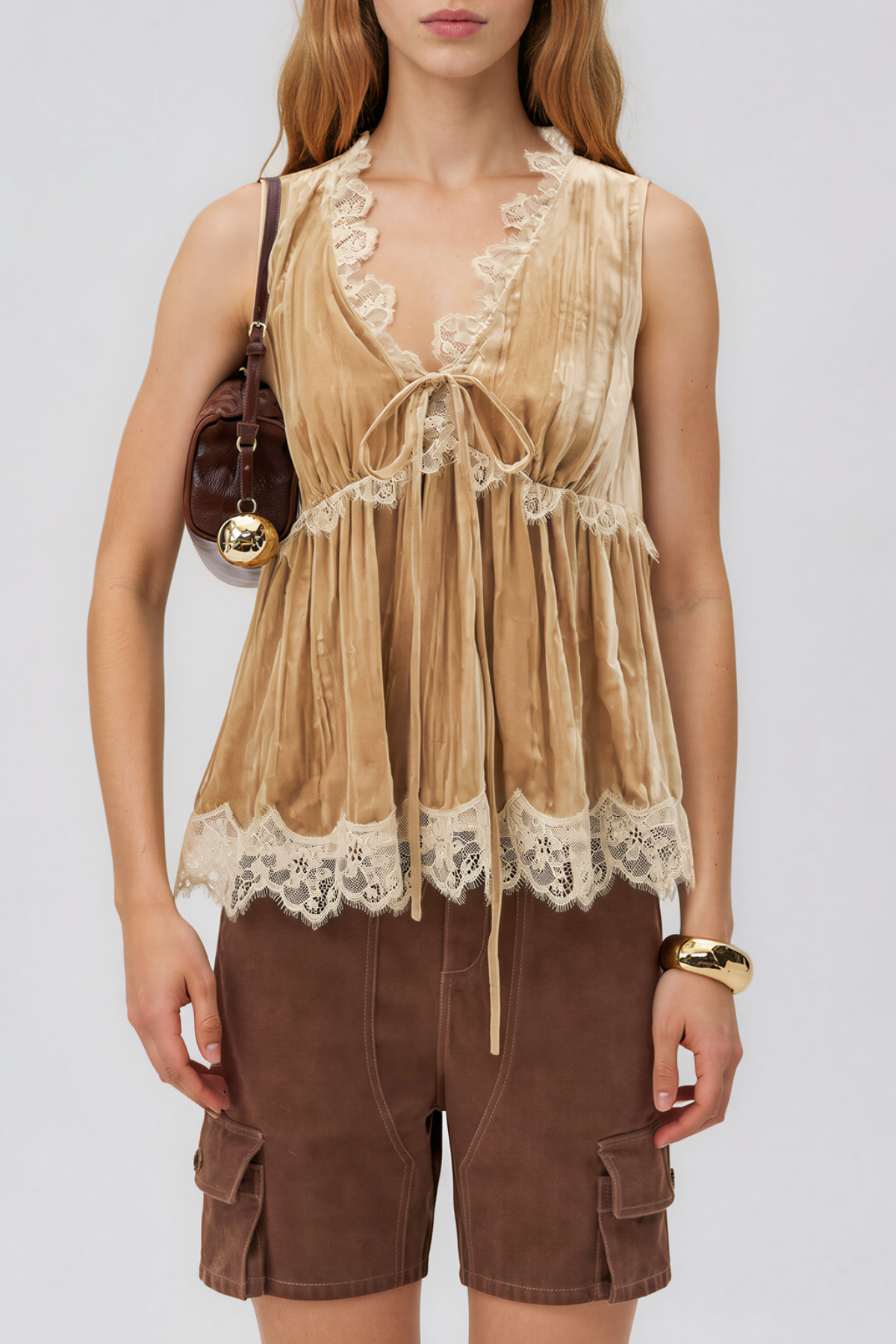 Nadalia V Neck Lace Velvet Top In Apricot