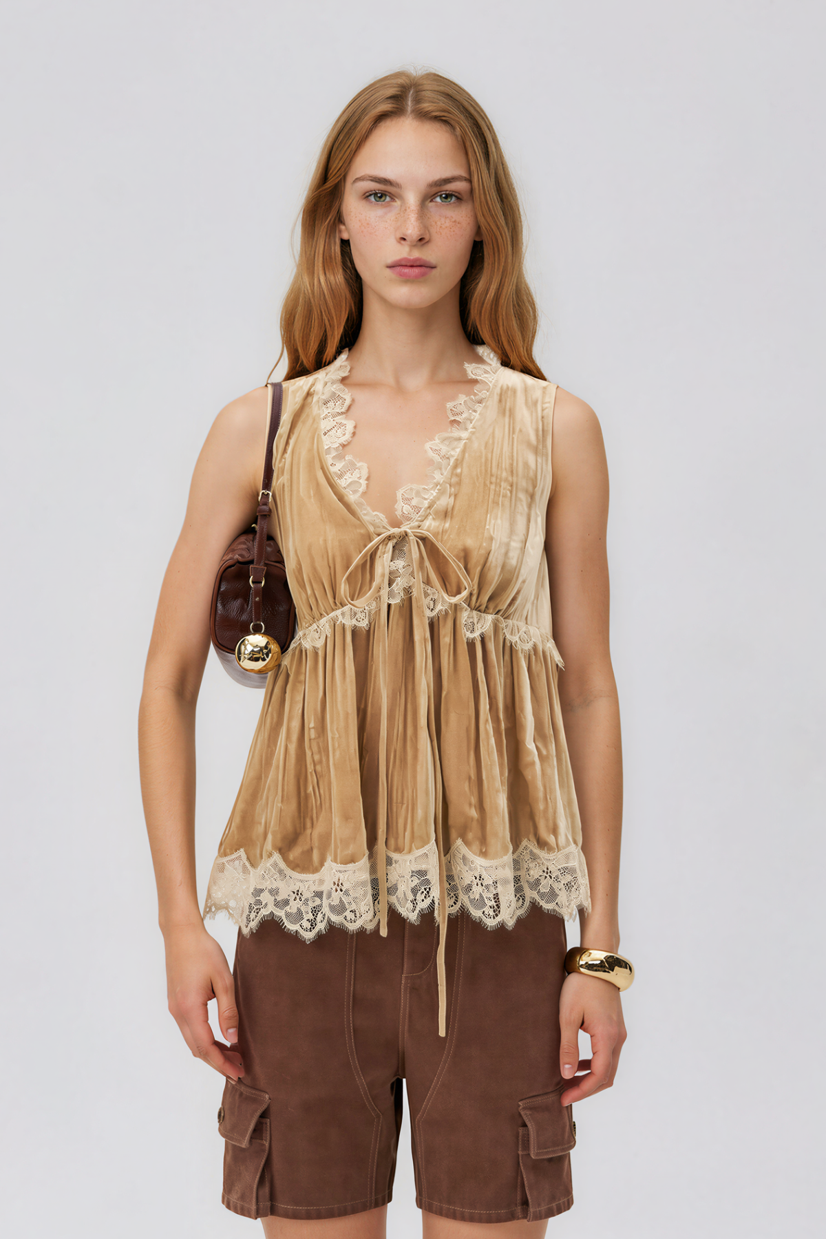 Nadalia V Neck Lace Velvet Top In Apricot