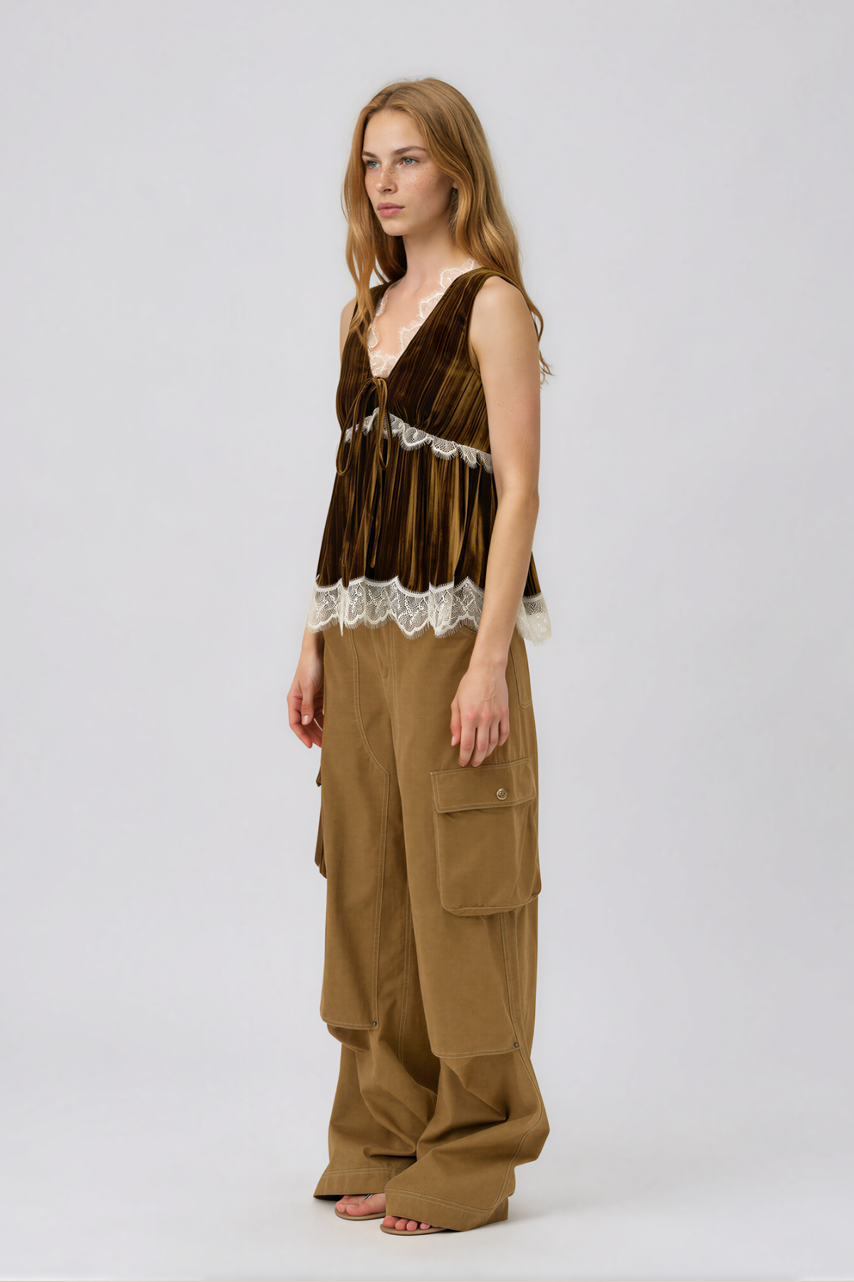 Nadalia V Neck Lace Velvet Top In Olive