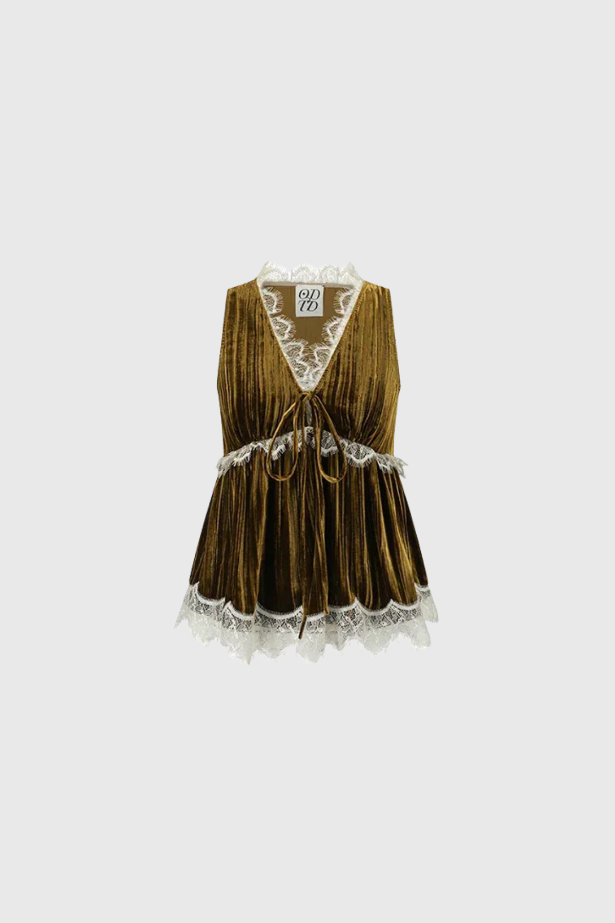 Nadalia V Neck Lace Velvet Top In Olive