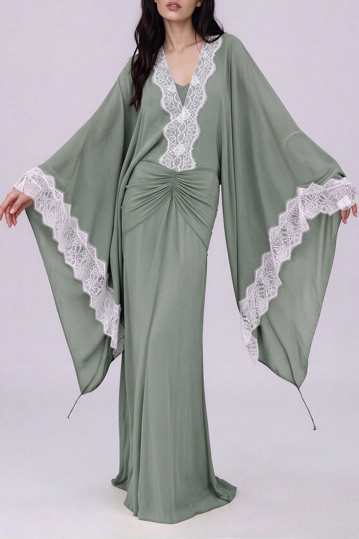Nadda Batwing Sleeve Lace Maxi Dress In Green
