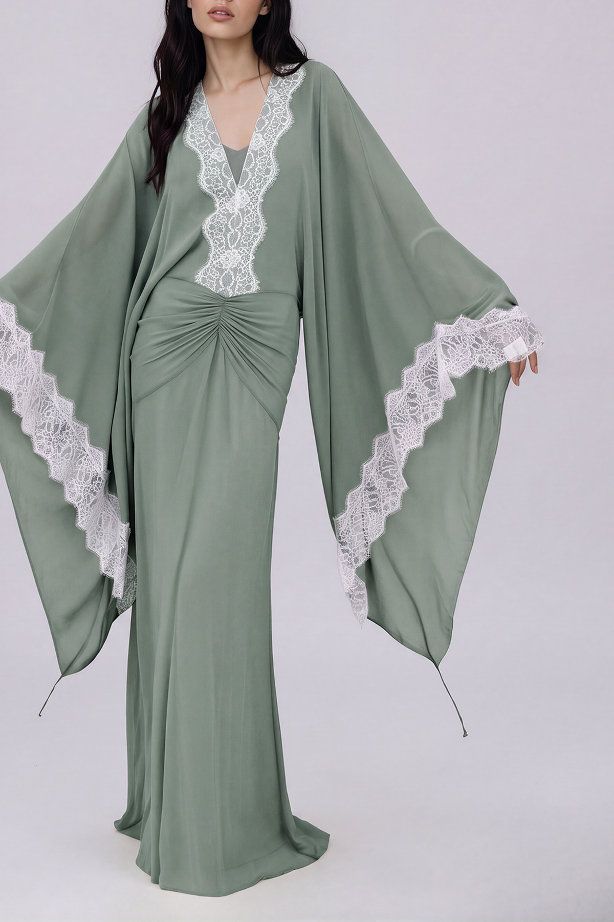 Nadda Batwing Sleeve Lace Maxi Dress In Green