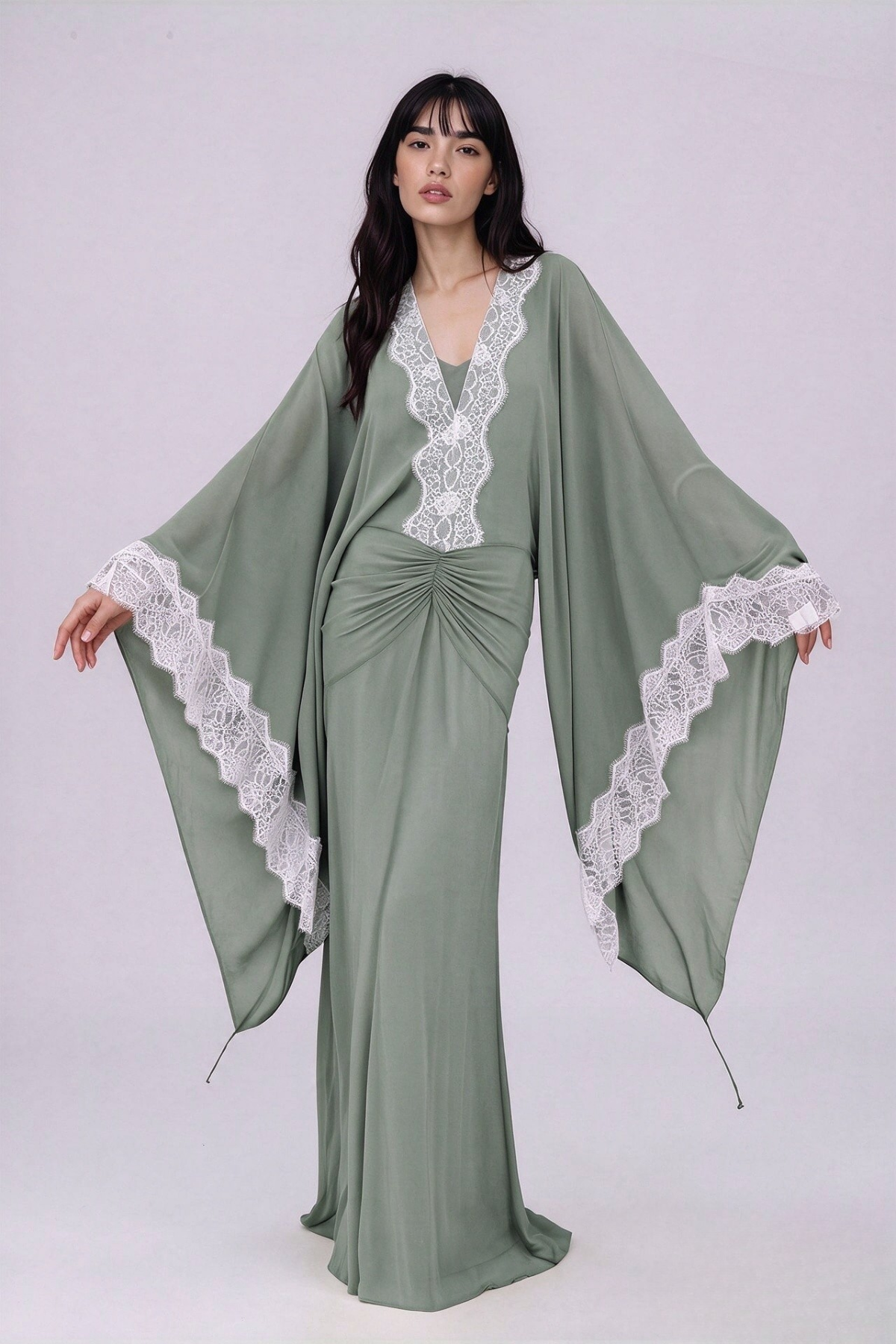 Nadda Batwing Sleeve Lace Maxi Dress In Green